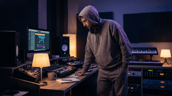Producer in a grey hoodie and headphones working at a mixing desk in a dark studio