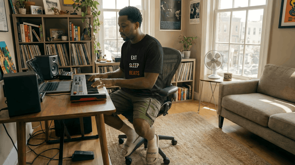 Music producer in a black Eat Sleep Beats tee playing a MIDI keyboard in a sunlit home studio with a fan running