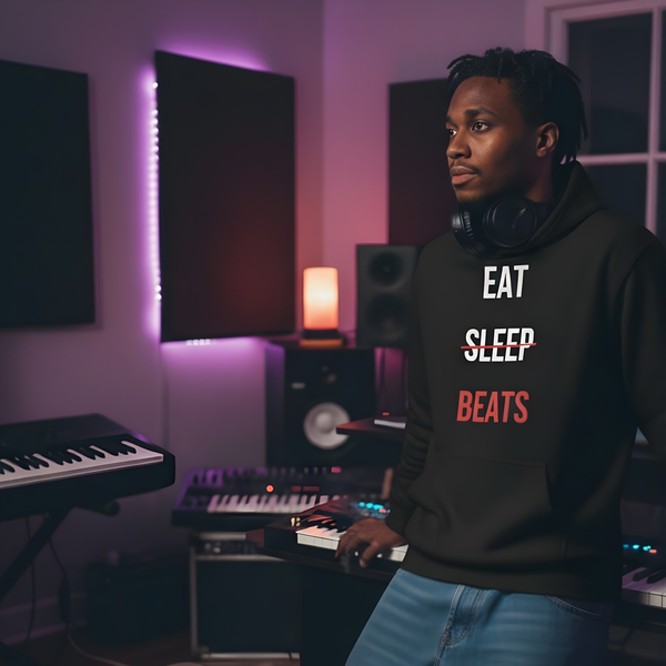 Producer at stacked keyboards in a purple-lit project studio