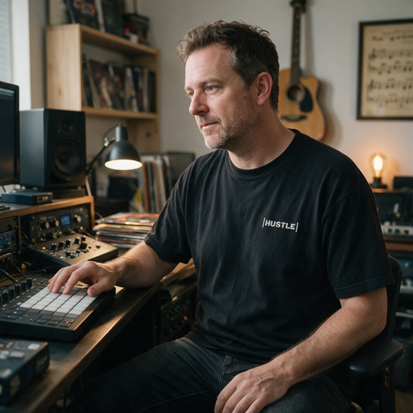 Producer in a Hustle tee working an MPC at a lamp-lit studio desk