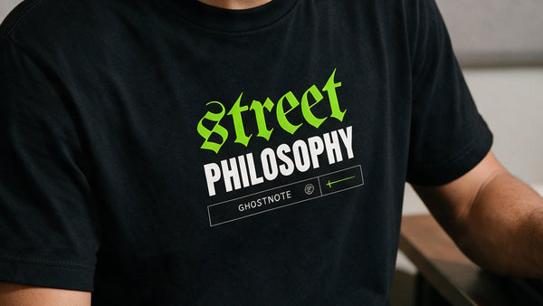 Close-up of the Street Philosophy print on a black Ghostnote tee, showing the knit of the fabric and the stitched sleeve hem
