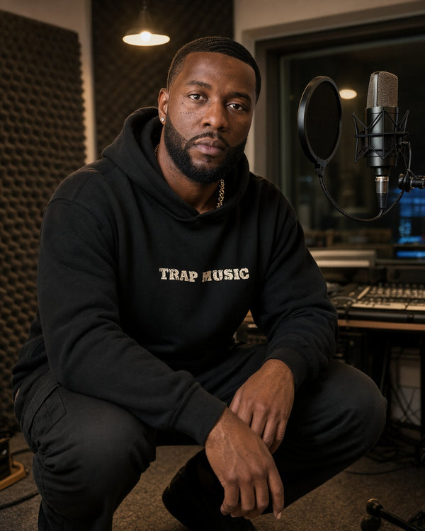 Rapper crouched beside a studio condenser microphone wearing a Ghostnote Trap Music hoodie