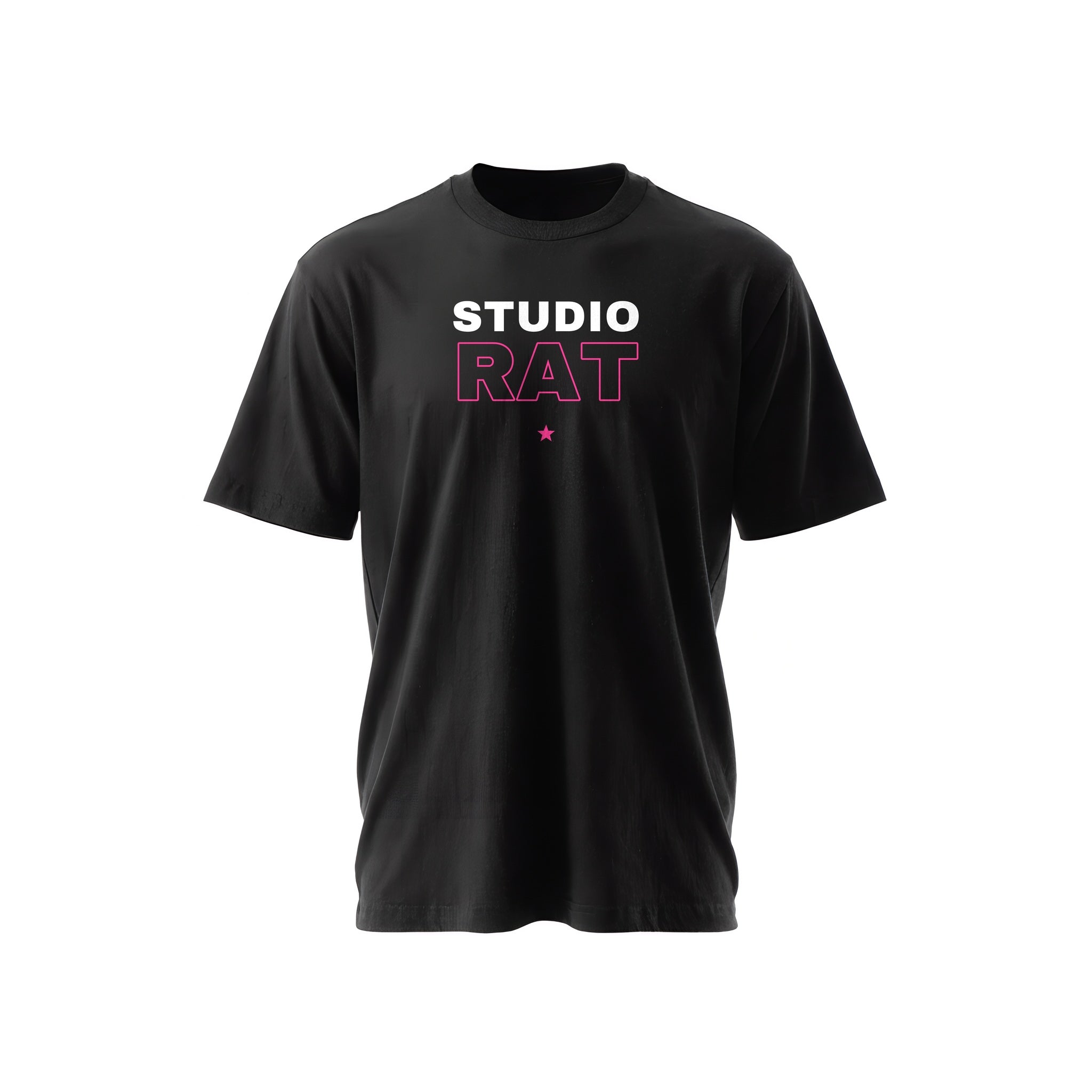Black t-shirt with bold 'STUDIO RAT' text in white and pink — Ghostnote music producer streetwear tee