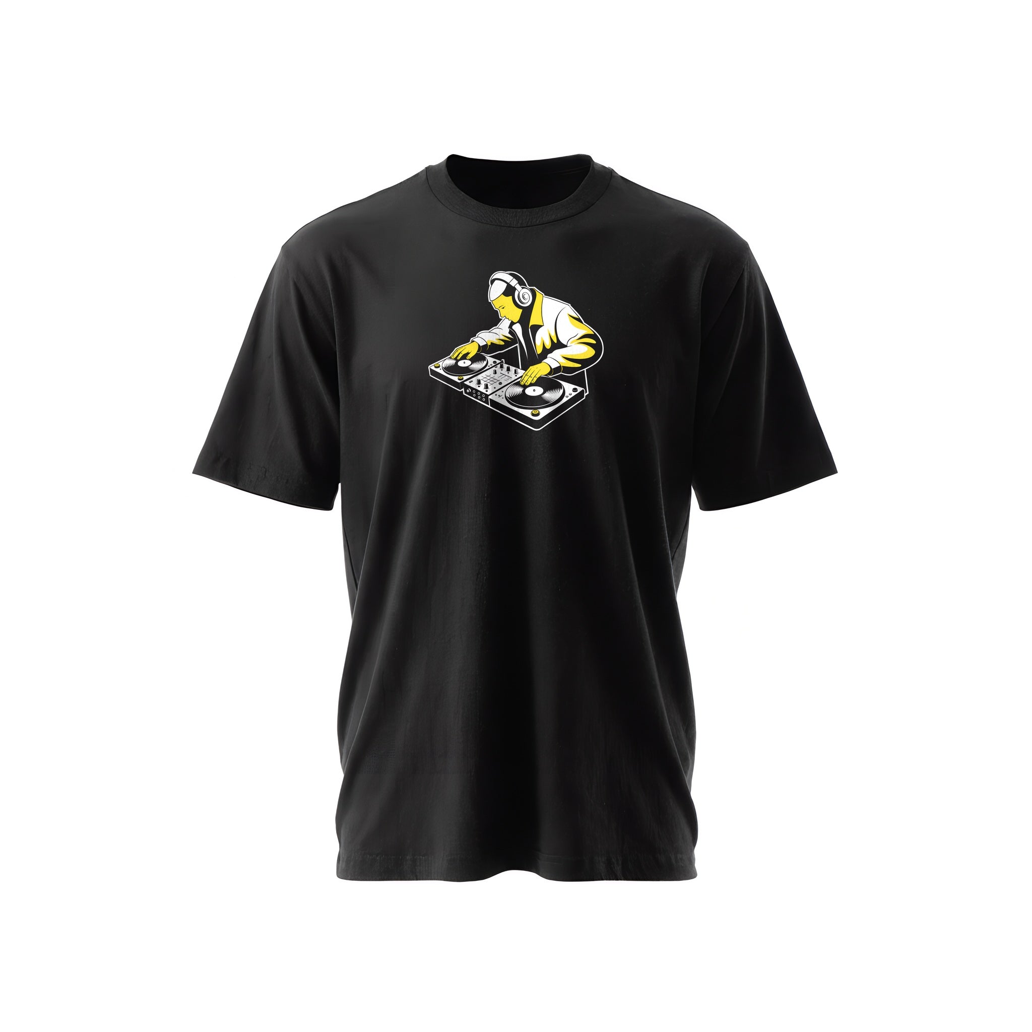 Black t-shirt with a white-and-yellow illustration of a DJ cutting on turntables — Ghostnote hip-hop streetwear tee
