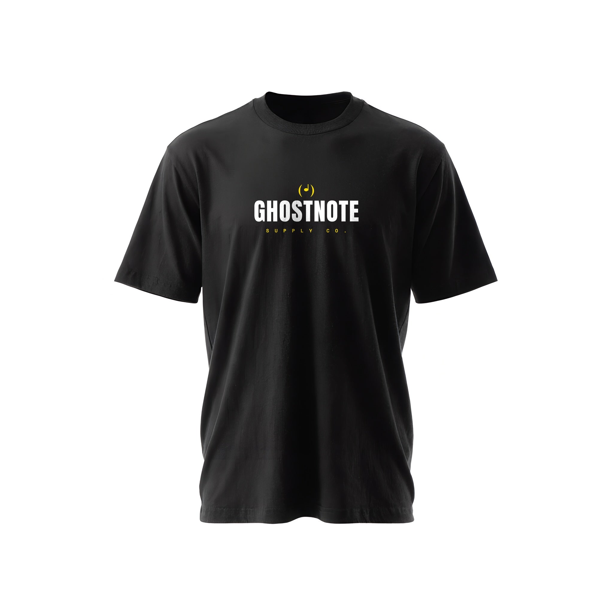 Black t-shirt with the white 'GHOSTNOTE SUPPLY CO.' wordmark logo — Ghostnote branded streetwear tee