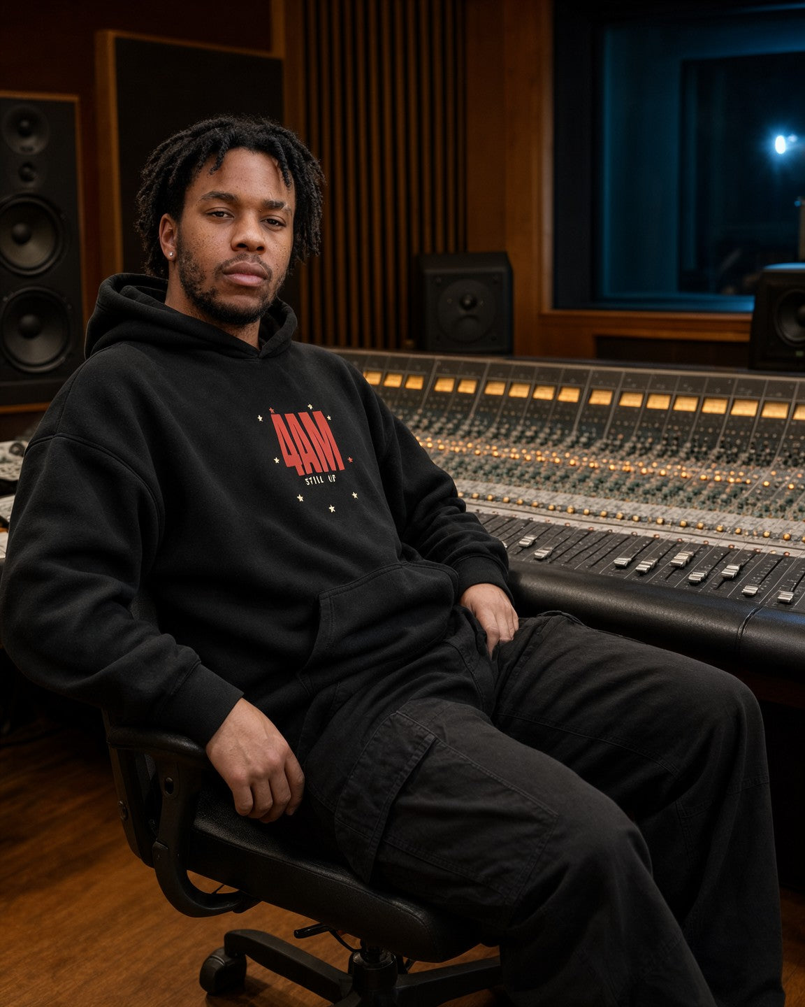 Model wearing the 4AM Still Up Hoodie in Black