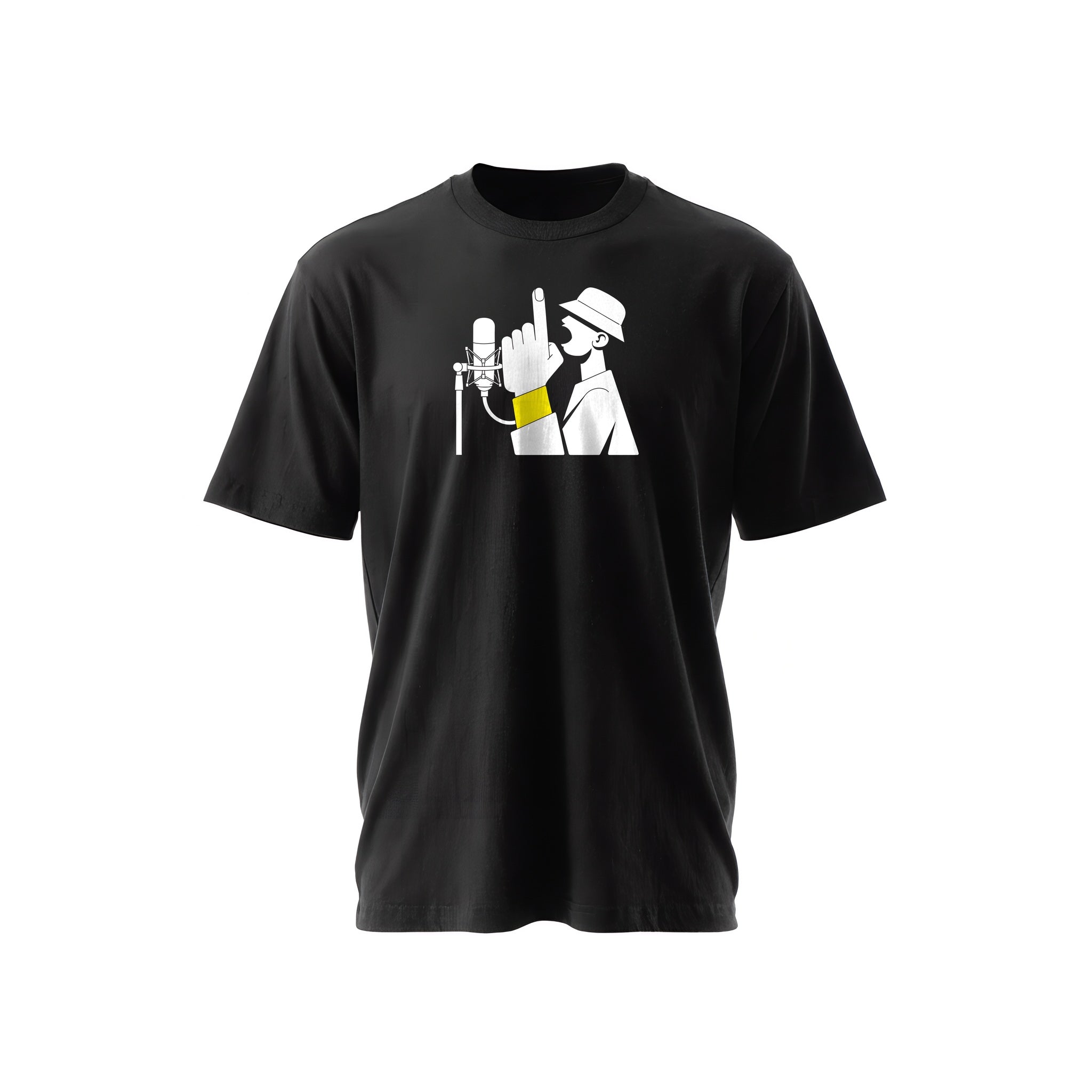 Black t-shirt with a white illustration of a hip-hop MC in a hat rapping into a studio condenser microphone, finger raised with a yellow wristband, printed small on the upper chest — Ghostnote 'On The Mic' rapper streetwear tee