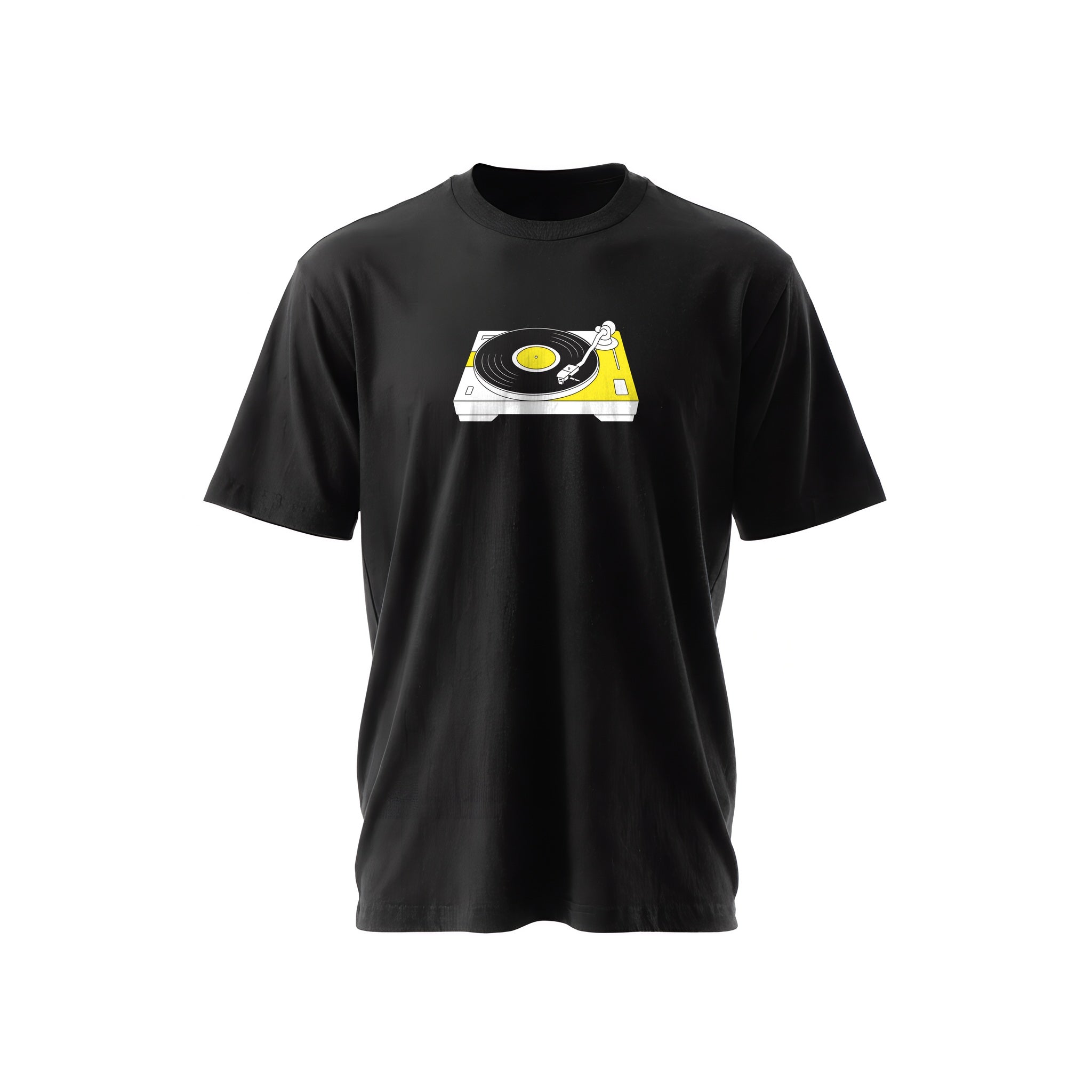 Black t-shirt with a white-and-yellow illustration of a turntable and vinyl record — Ghostnote hip-hop DJ streetwear tee