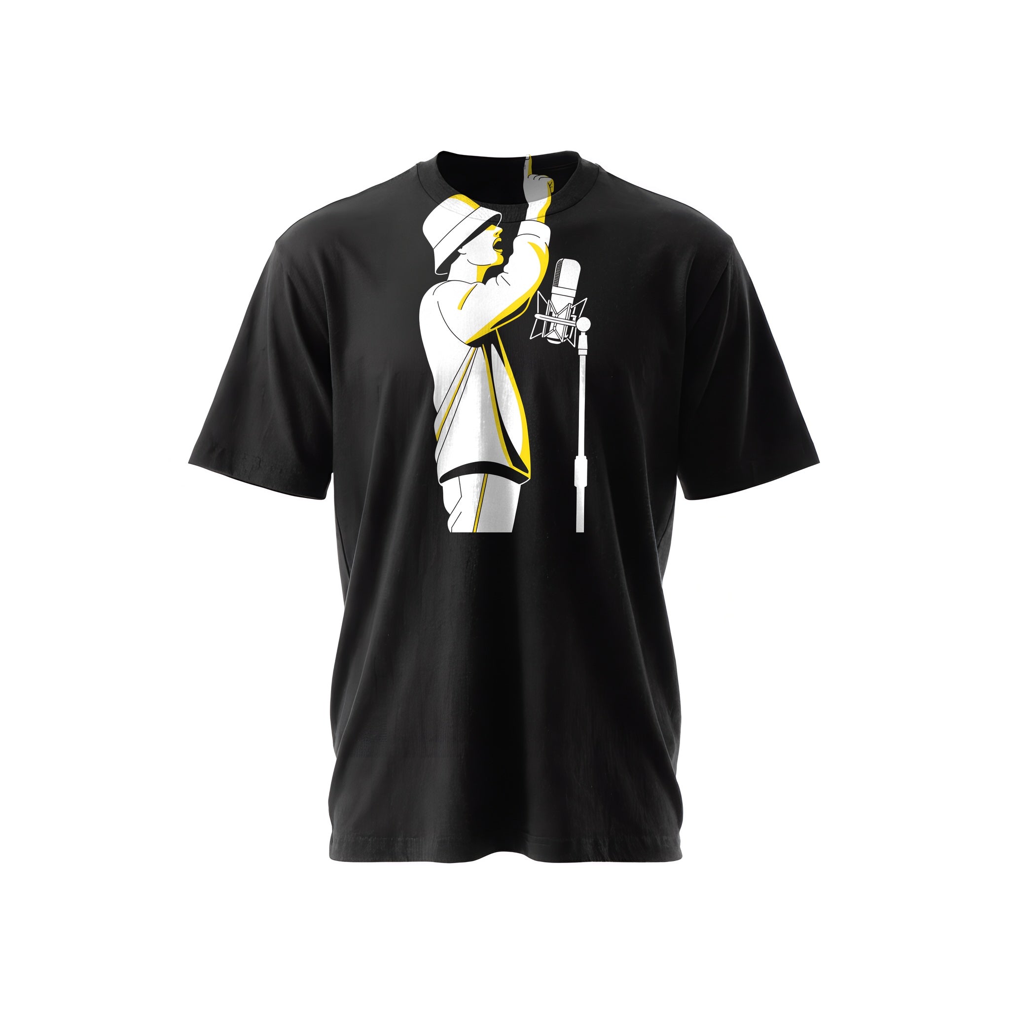Black t-shirt with a white-and-yellow illustration of a rapper at a mic with arm raised — Ghostnote rapper streetwear tee