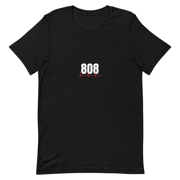 Black t-shirt with a bold white '808' and a red heartbeat ECG line through it — Ghostnote music producer streetwear tee, flat front