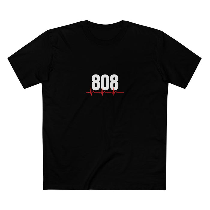 Black t-shirt with a bold white '808' and a red heartbeat ECG line through it — Ghostnote music producer streetwear tee