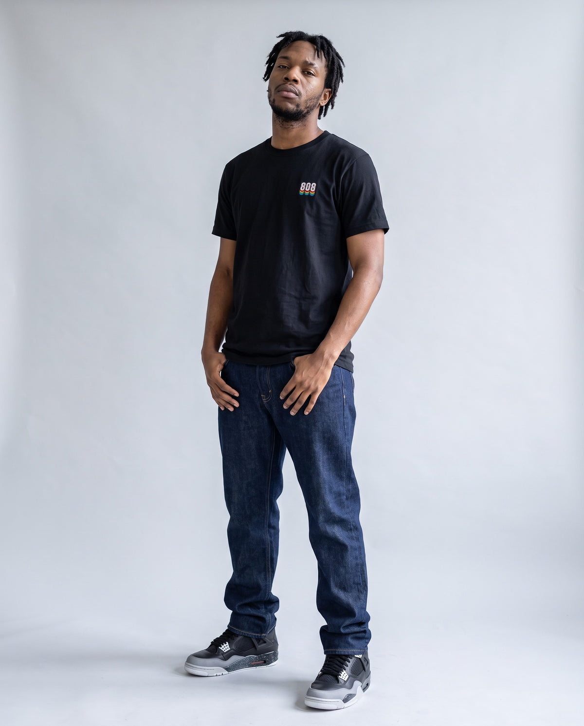 Model wearing the 808 t-shirt in Black, full length