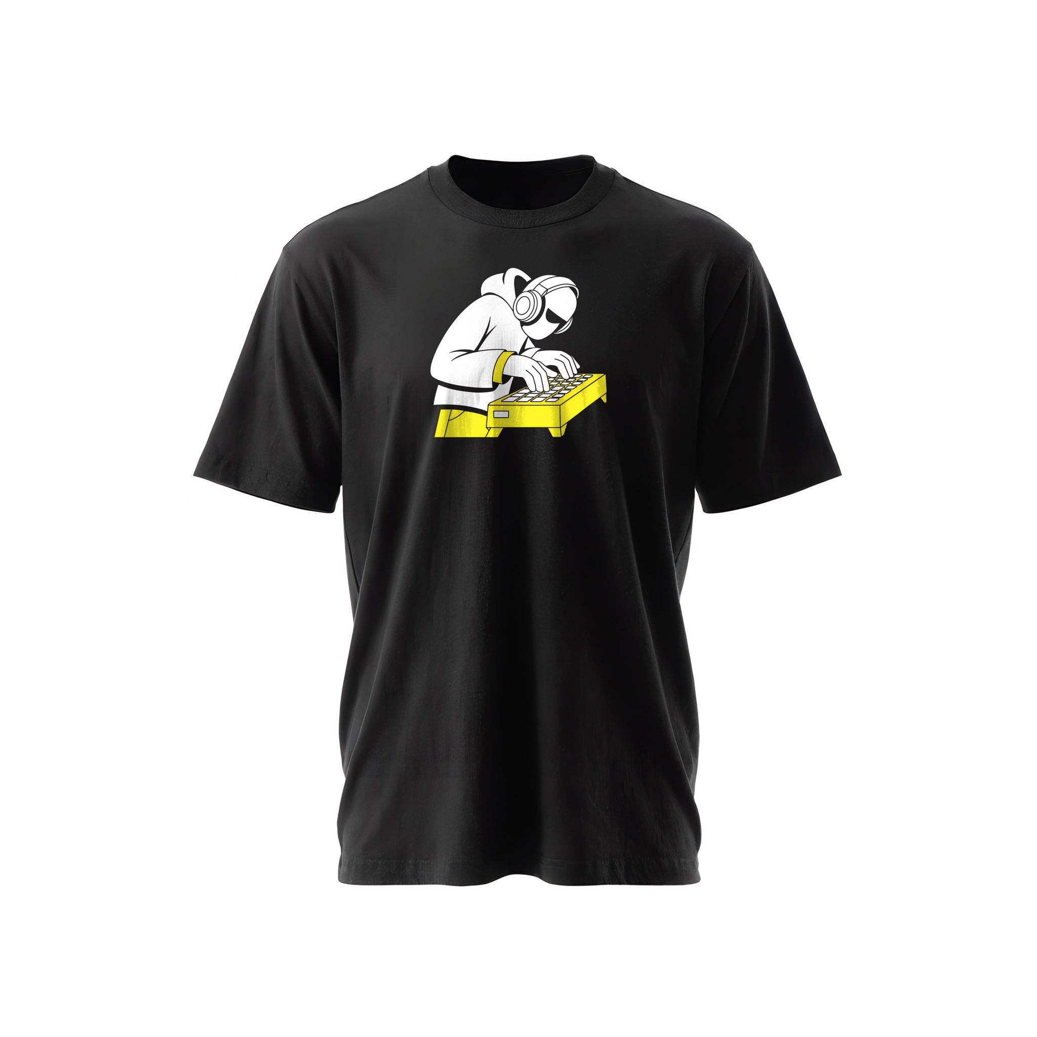 Black t-shirt with a white-and-yellow illustration of a beatmaker in headphones over an MPC — Ghostnote music producer tee