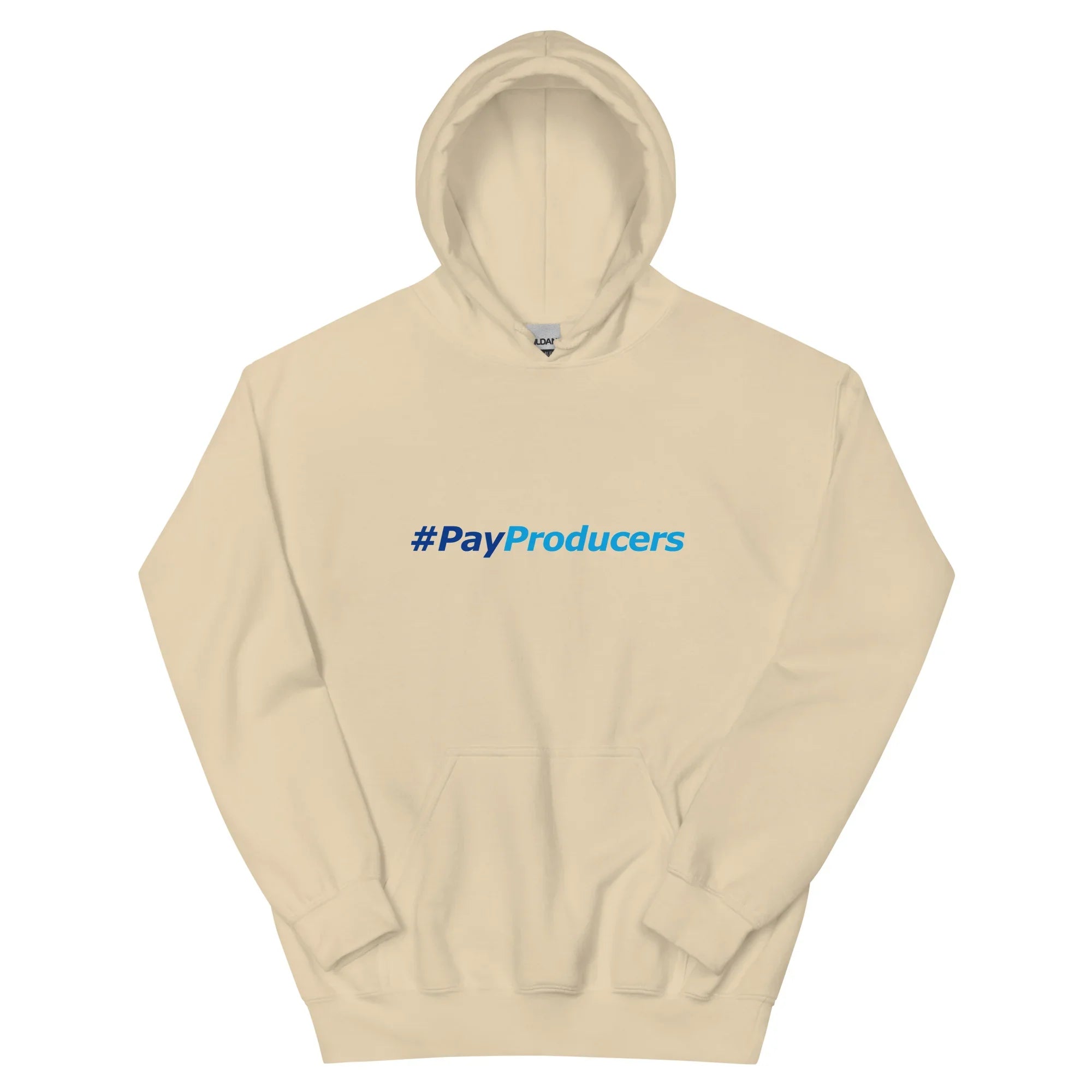 Beige hoodie for music producers with '#PayProducers' text on a beige background