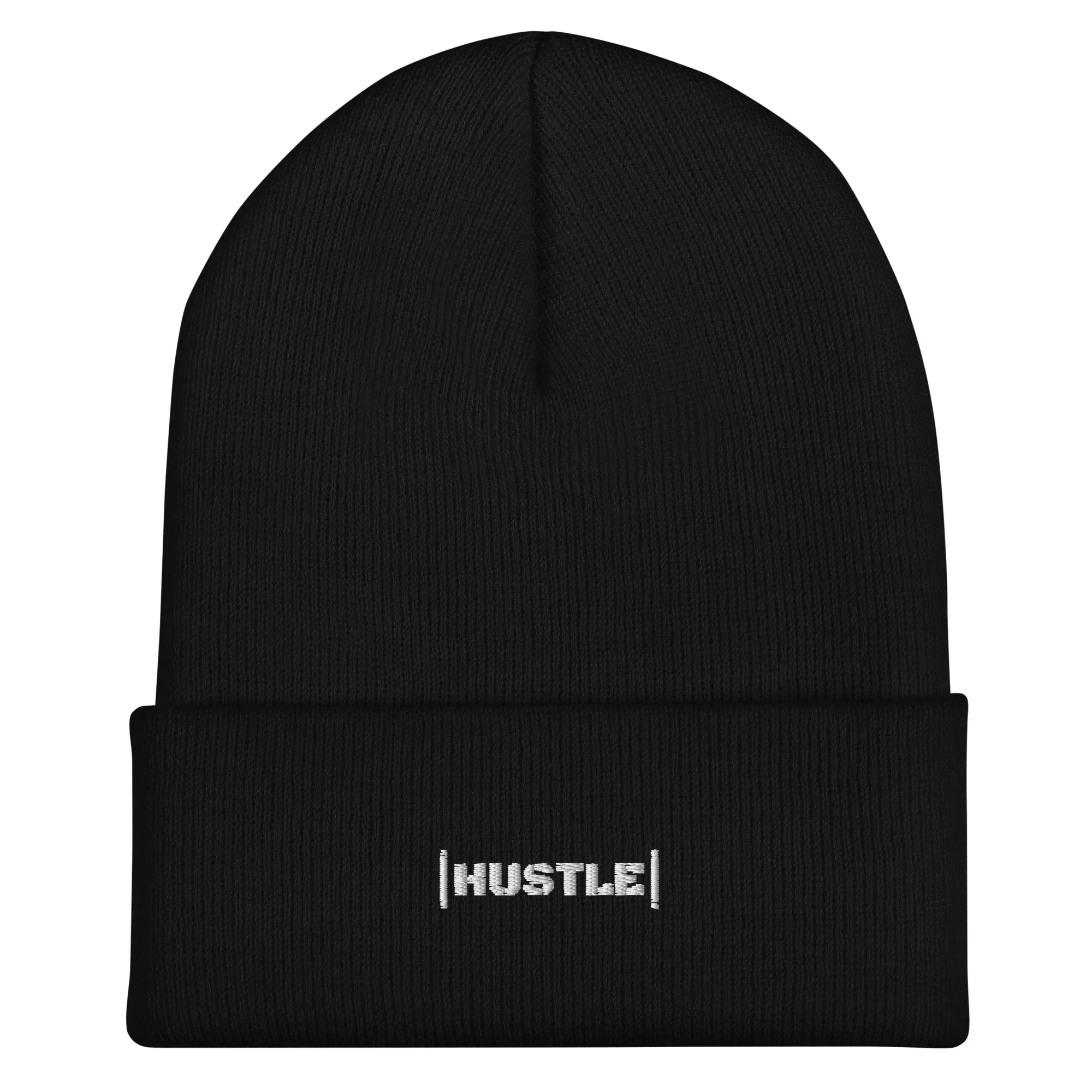 Black beanie with 'HUSTLE' embroidery on a white background