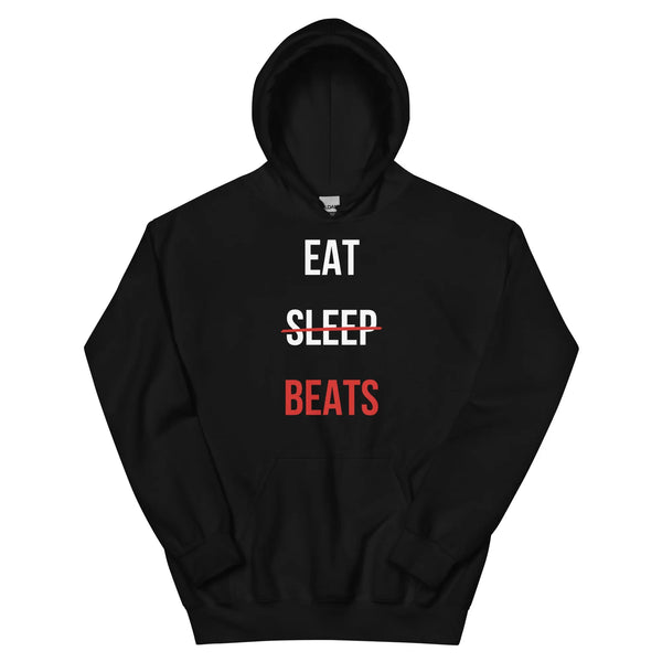 Black hoodie with stacked 'EAT SLEEP' in white and 'BEATS' in red on the chest — Ghostnote music producer streetwear