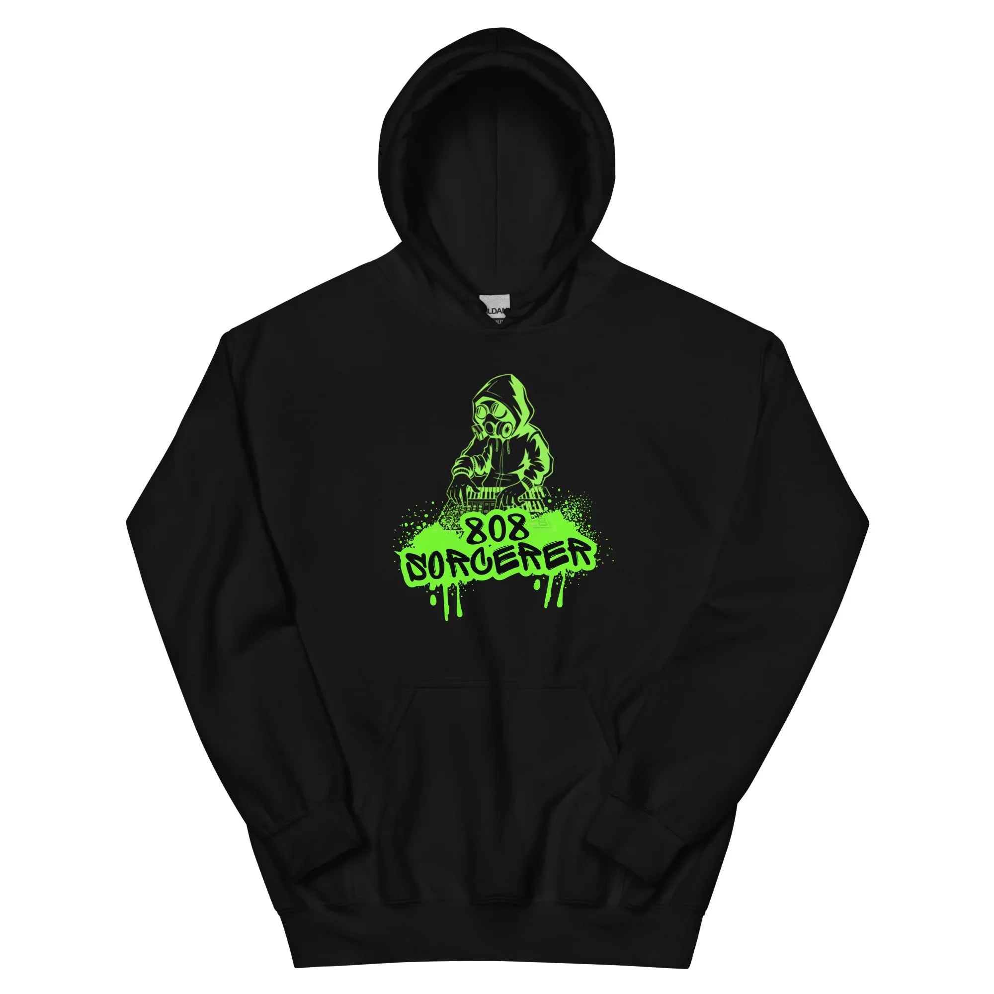 Black hoodie made for music producers with green graphic designs saying 808 sorcerer on a white background