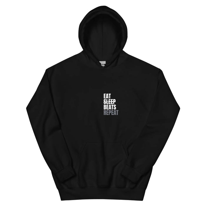 Black hoodie with small stacked 'EAT SLEEP BEATS REPEAT' text in white and red on the chest — Ghostnote music producer streetwear