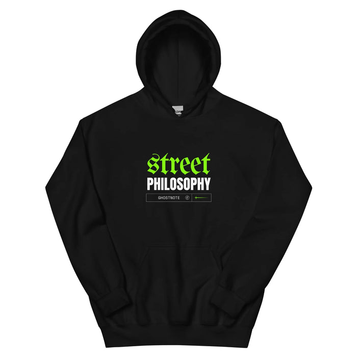 Black hoodie with 'street' in green script over 'PHILOSOPHY' in white gothic lettering on the chest — Ghostnote hip-hop streetwear