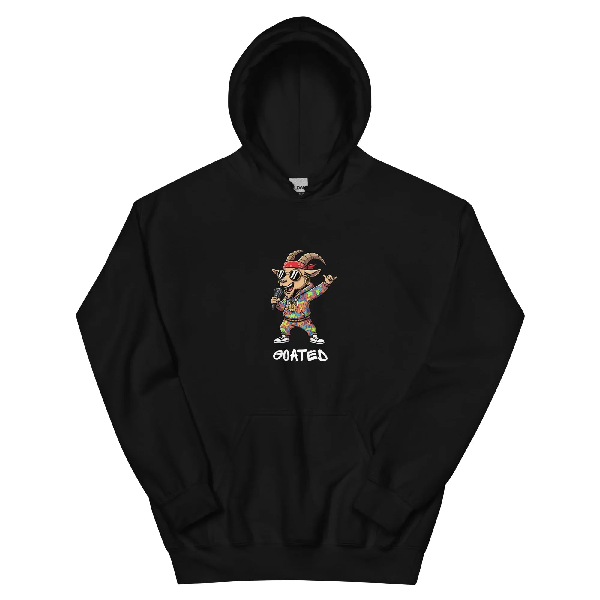 Black hoodie with a colorful graphic of a goat and the word 'GOATED' on a black background. Hoodie for rappers