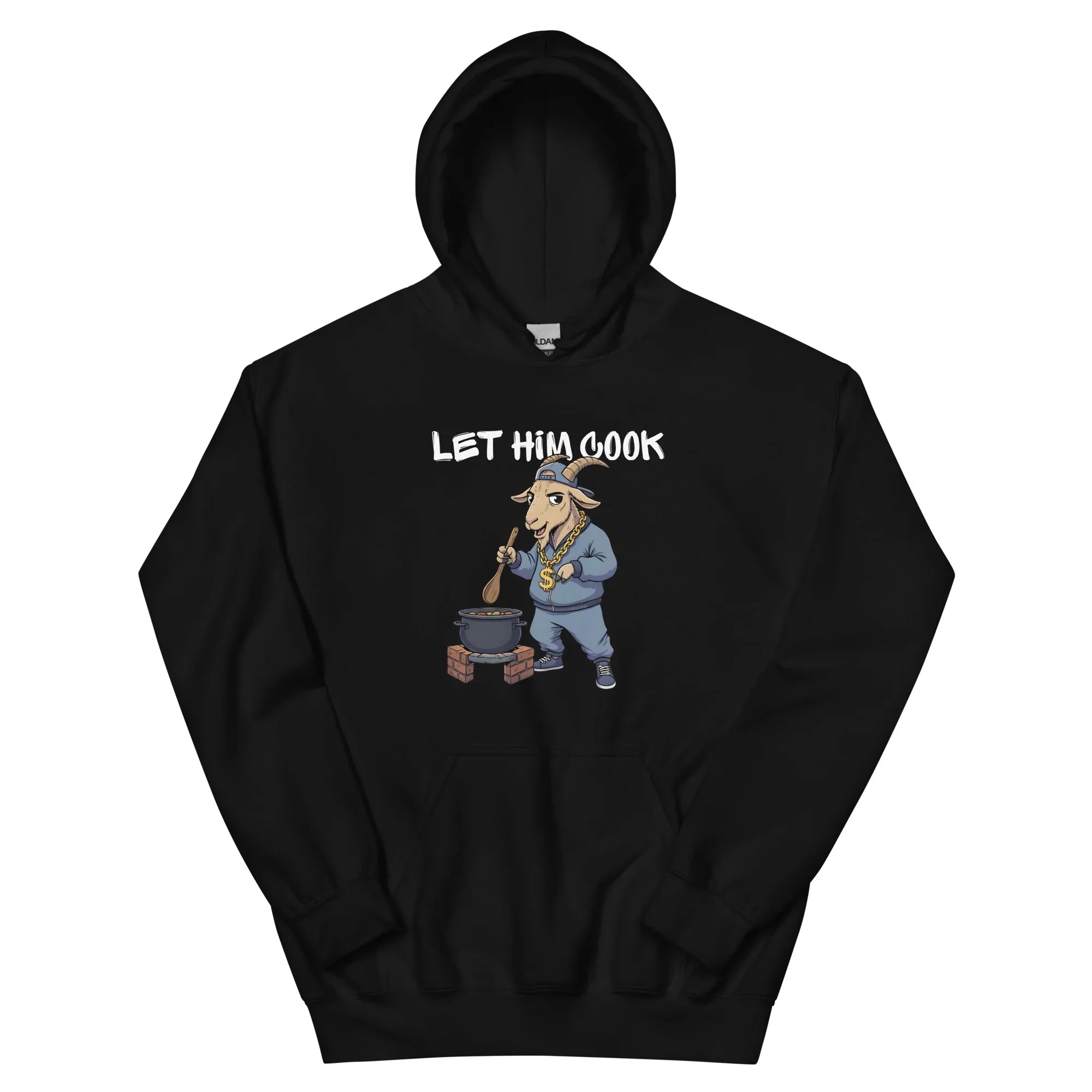 Black hoodie with a graphic of a goat cooking and text 'LET HIM COOK' on a black background
