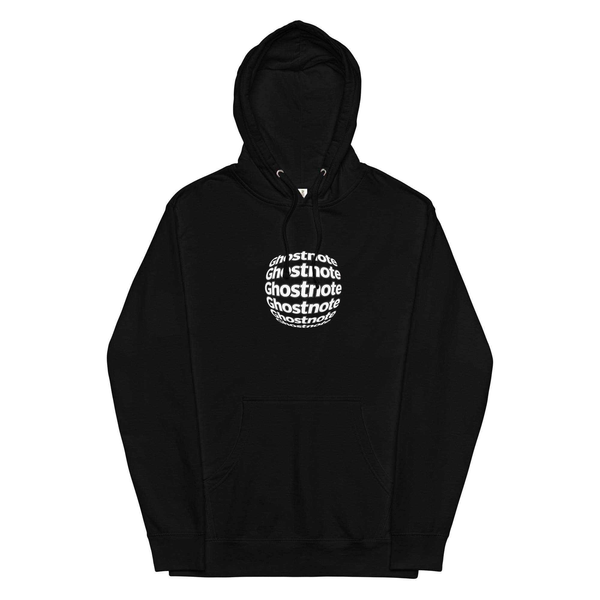 Black hoodie with white text saying "Ghostnote", the name of a streetwear brand based in the US and made for rappers and music producers