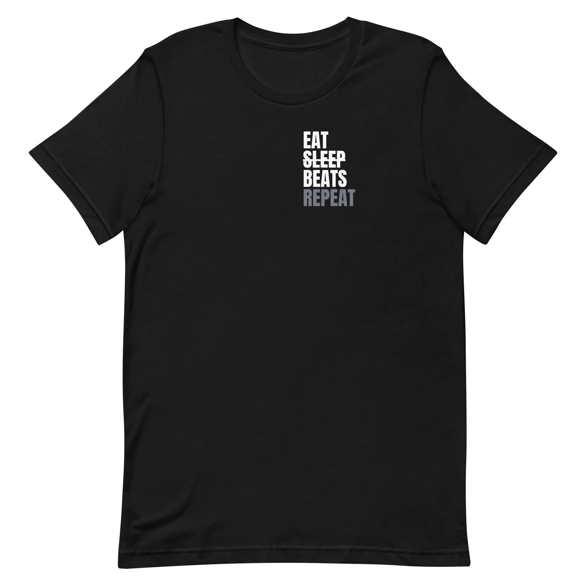Black music producer t-shirt with 'Eat Sleep Beats Repeat' text on a black background.