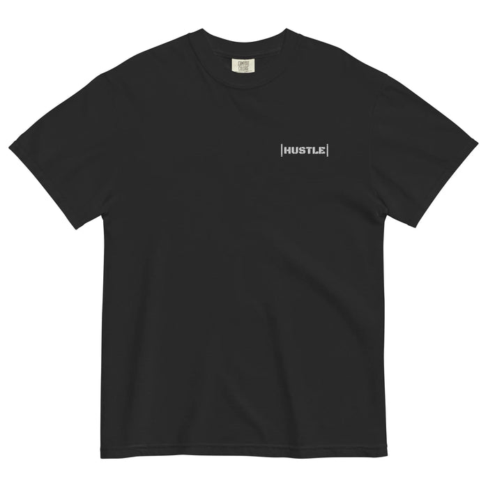 Black oversized streetwear t-shirt with 'HUSTLE' text on a black background