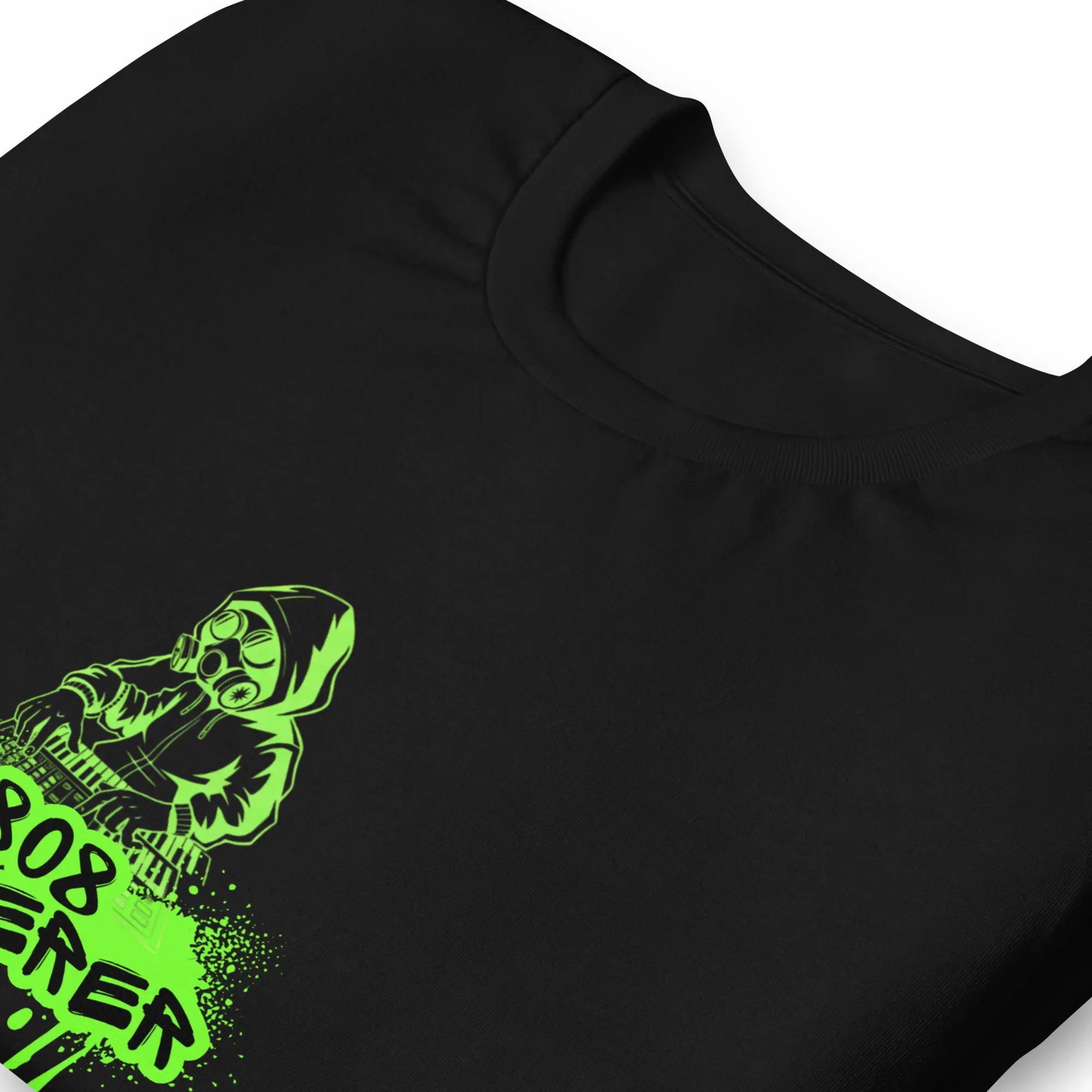 Black t-shirt for music producers and beatmakers with green 808 sorcerer design on a white background