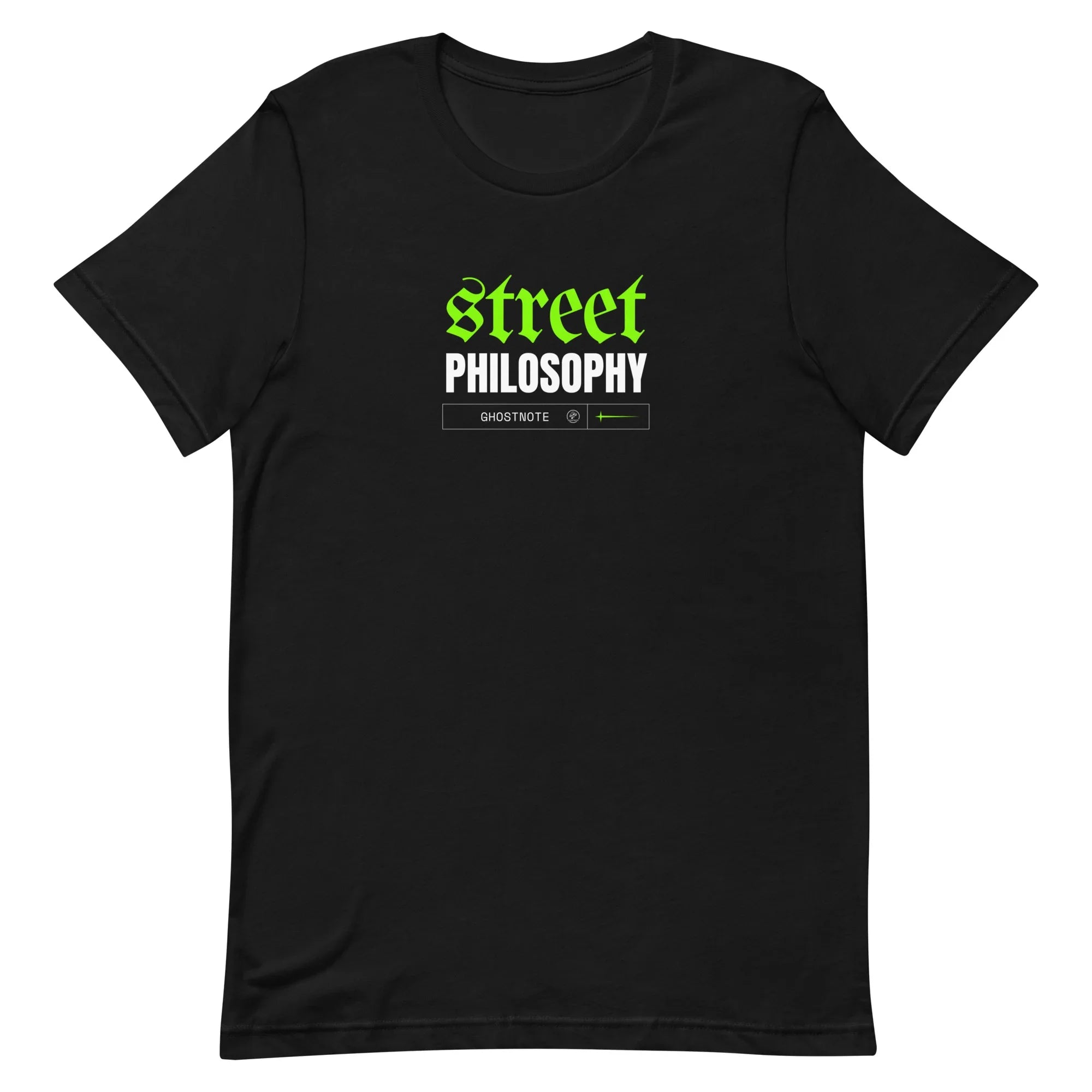 Black t-shirt with 'Street Philosophy' text in green and white on a black background with a streetwear style