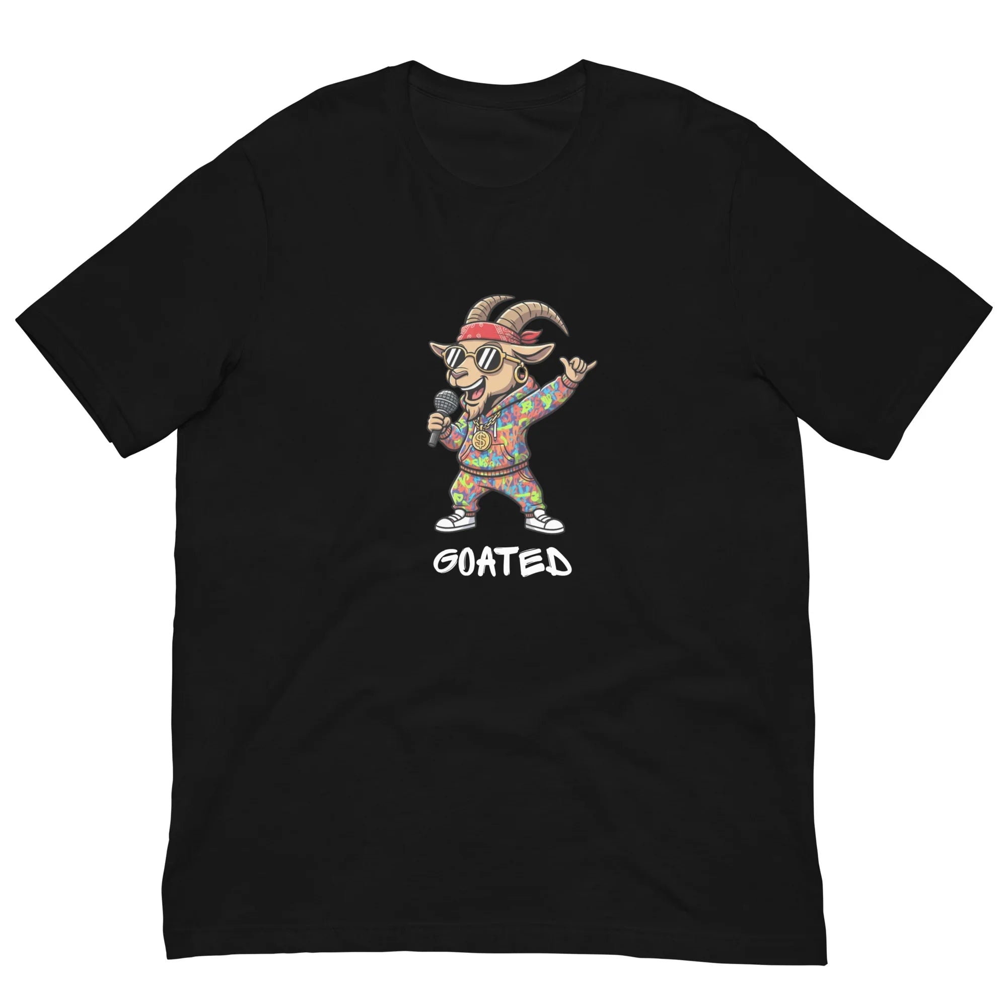 Black t-shirt with a cartoon goat wearing sunglasses and a bandana, and the word 'GOATED' on a black background.