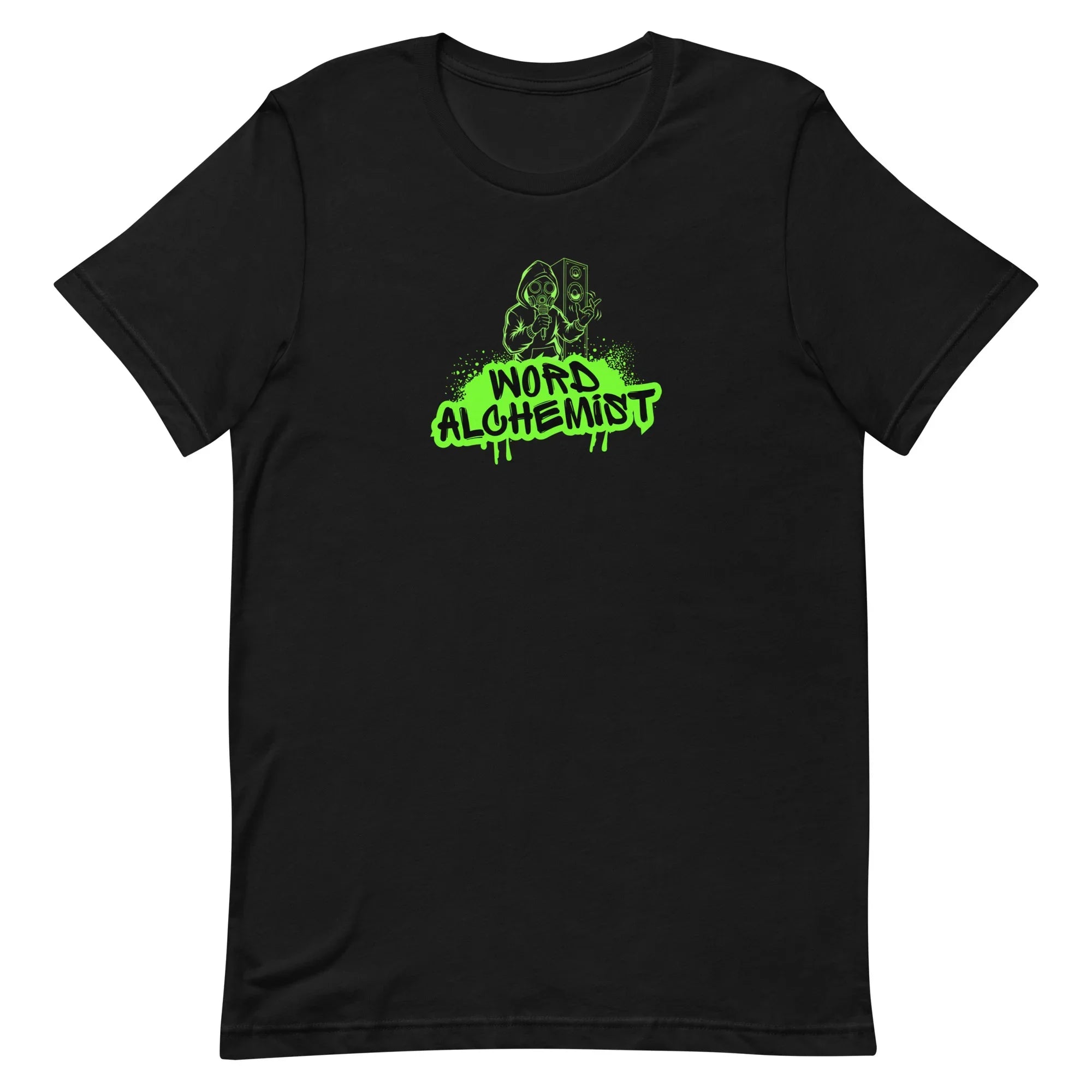 Black t-shirt with green 'Word Alchemist' logo on a black background