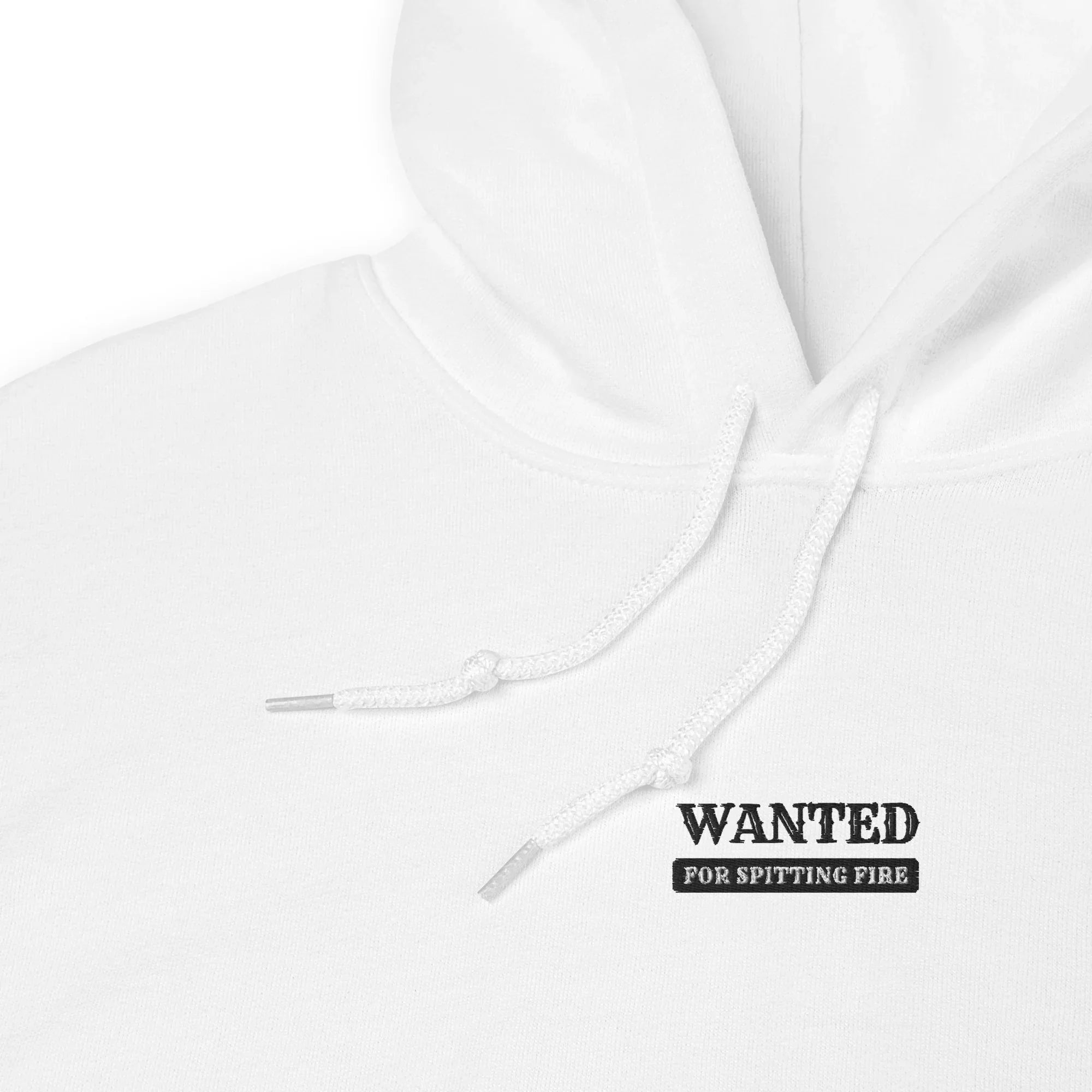 White hoodie with a small black 'WANTED' poster-style graphic on the chest — Ghostnote rapper streetwear