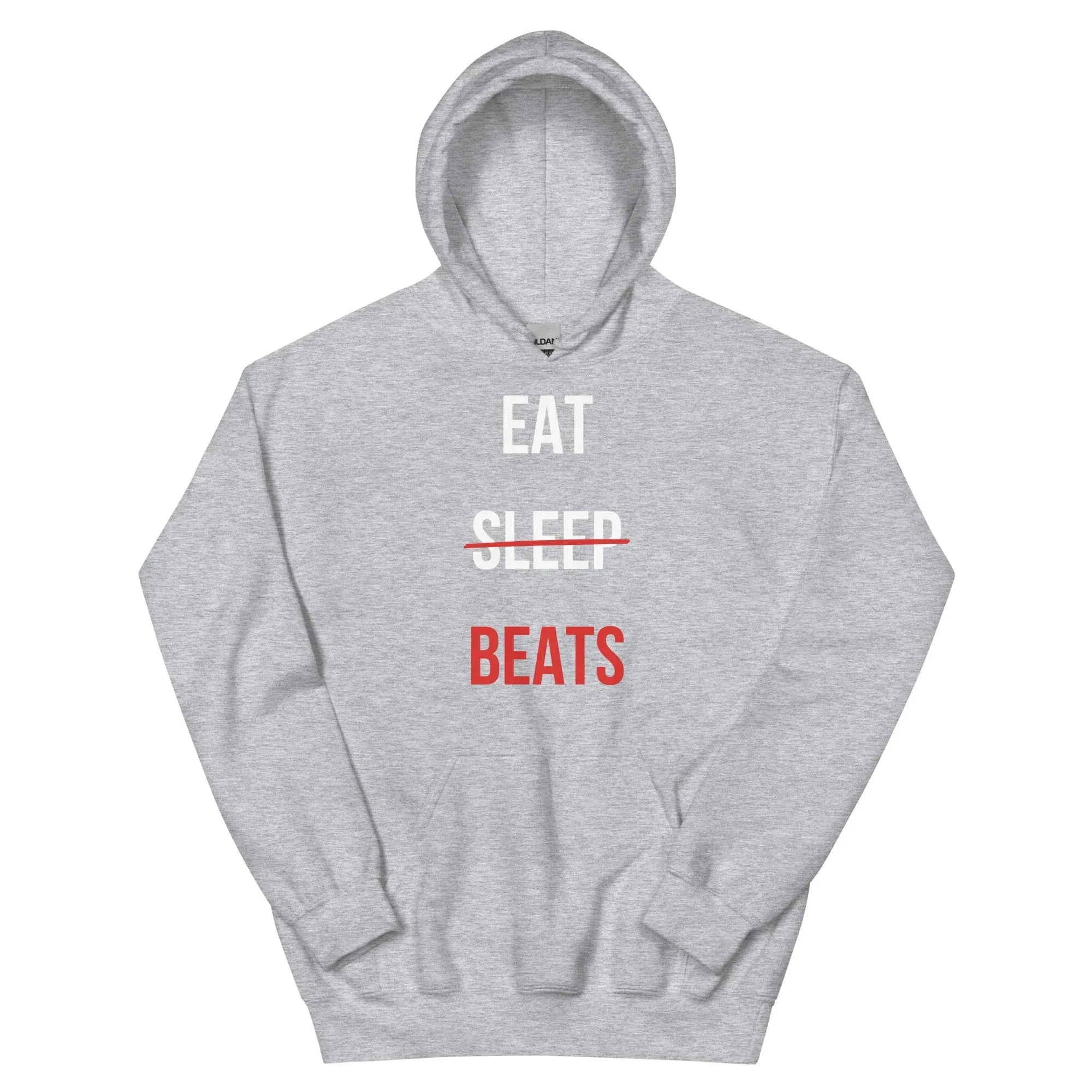 Black hoodie with stacked 'EAT SLEEP' in white and 'BEATS' in red on the chest — Ghostnote music producer streetwear