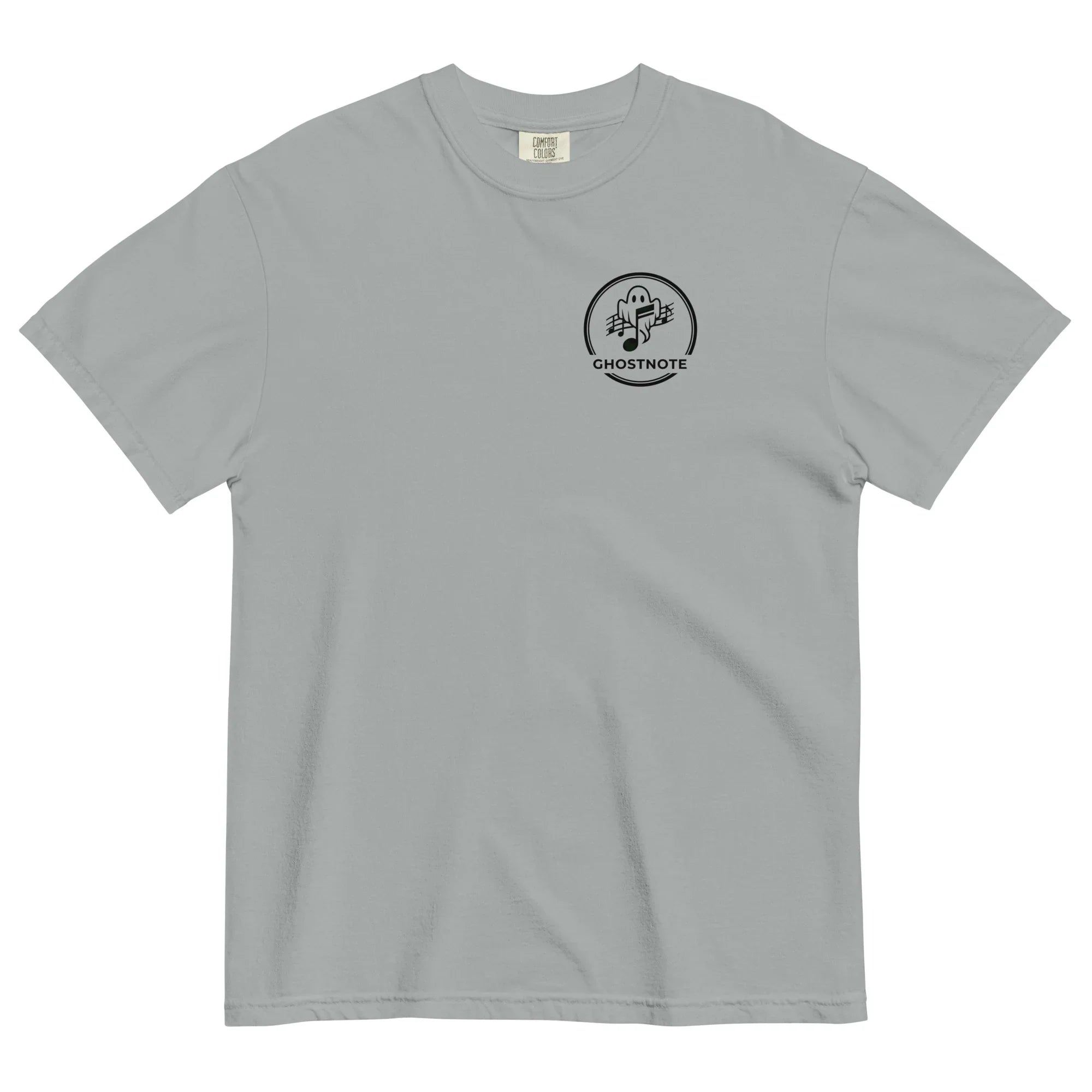 Grey t-shirt with a black Ghostnote streetwear band logo on a grey background