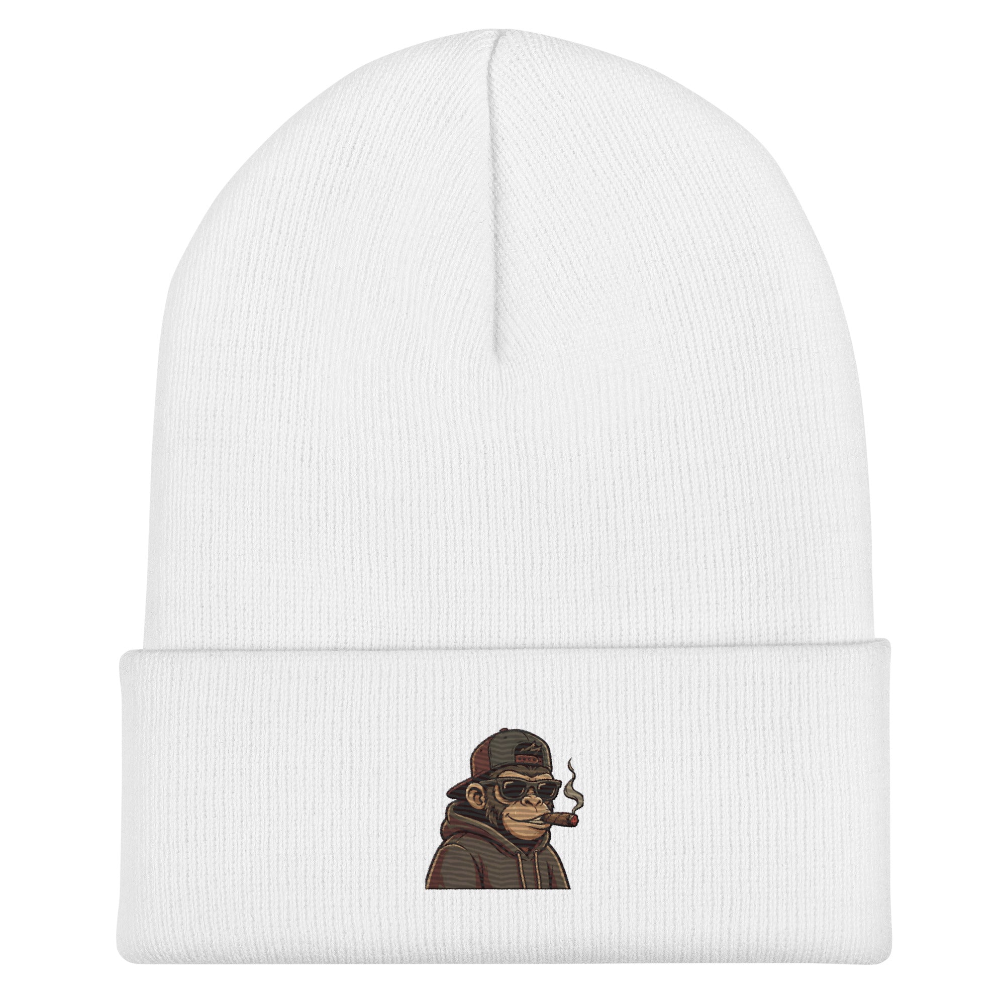 Hip Hop Monkey Head Cuffed Beanie in white