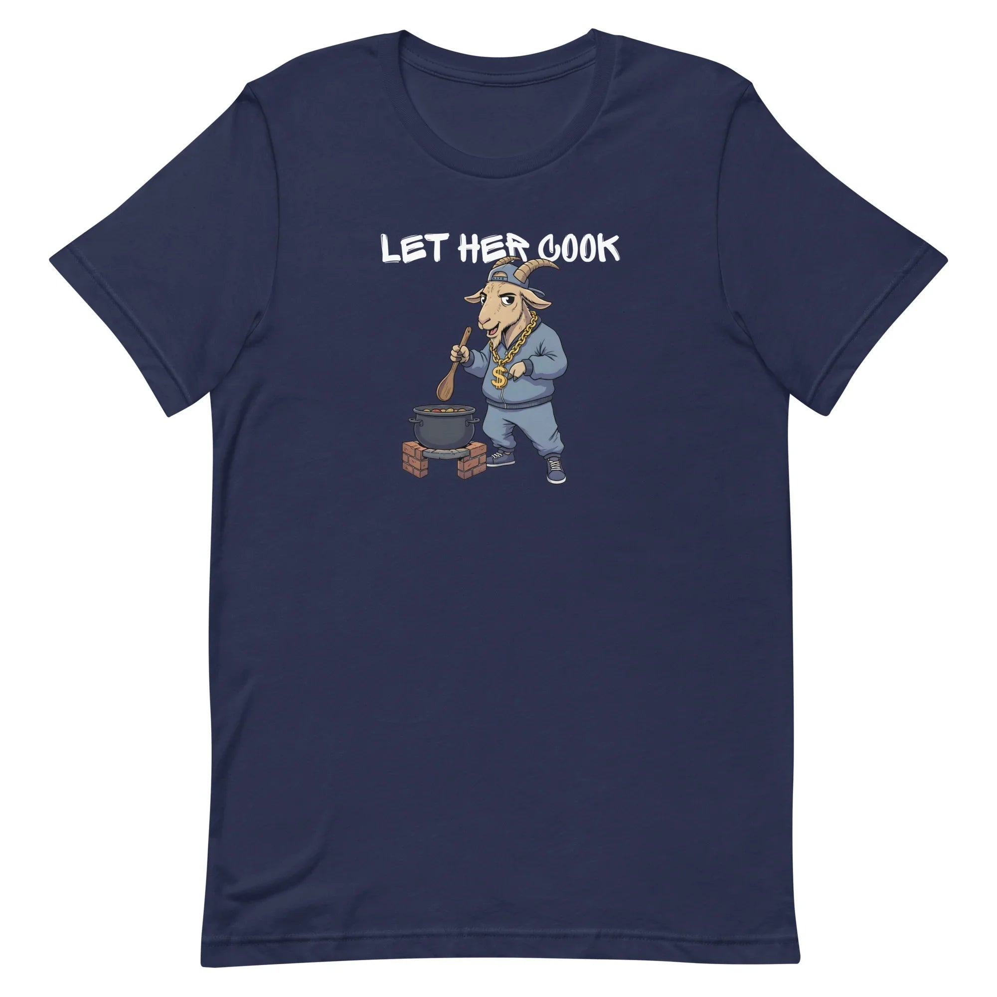 Navy blue t-shirt with a cartoon goat cooking and text 'LET HER COOK' on a white background