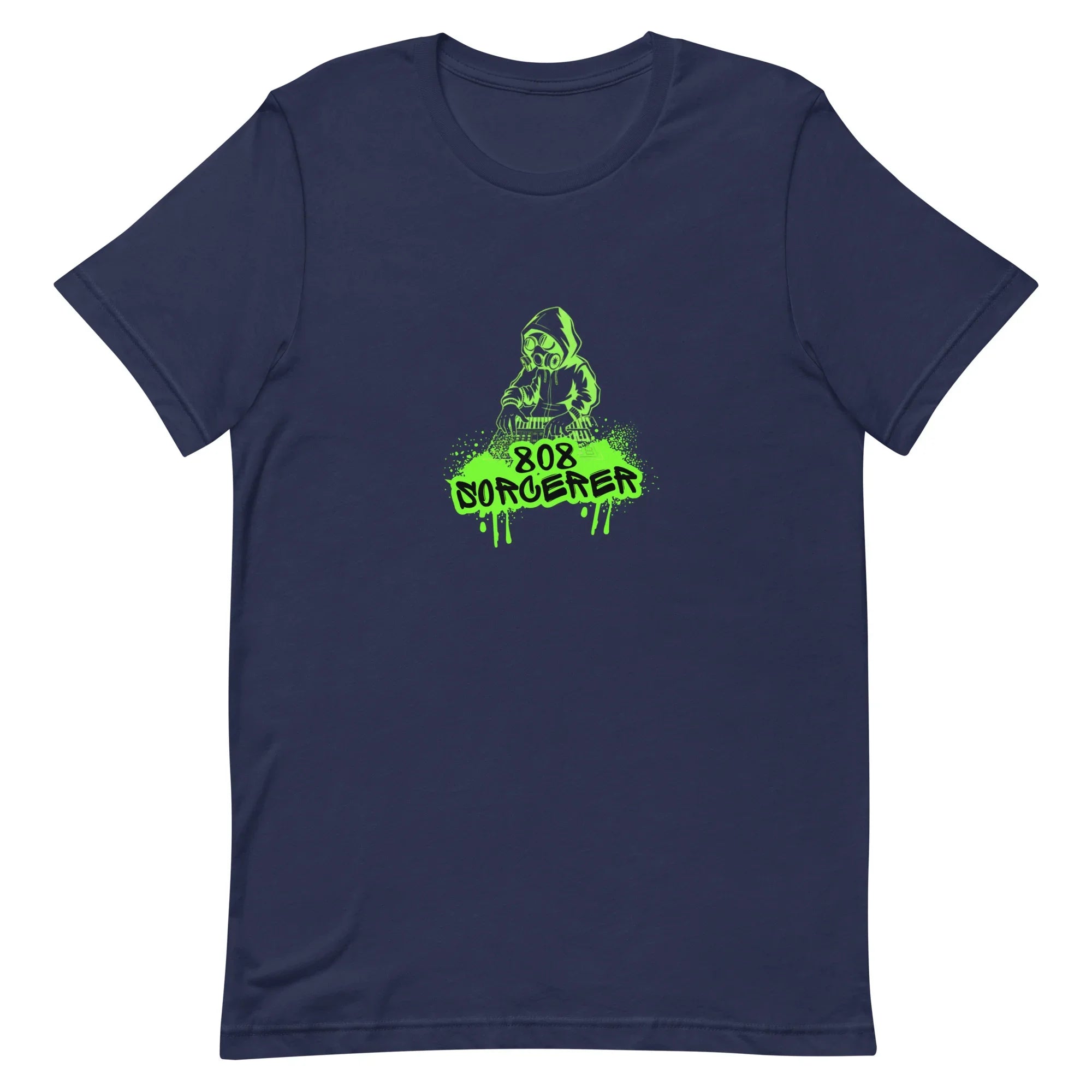 Navy blue t-shirt made for music producers with green graphic and text on a blue background. The graphic says 808 sorcerer