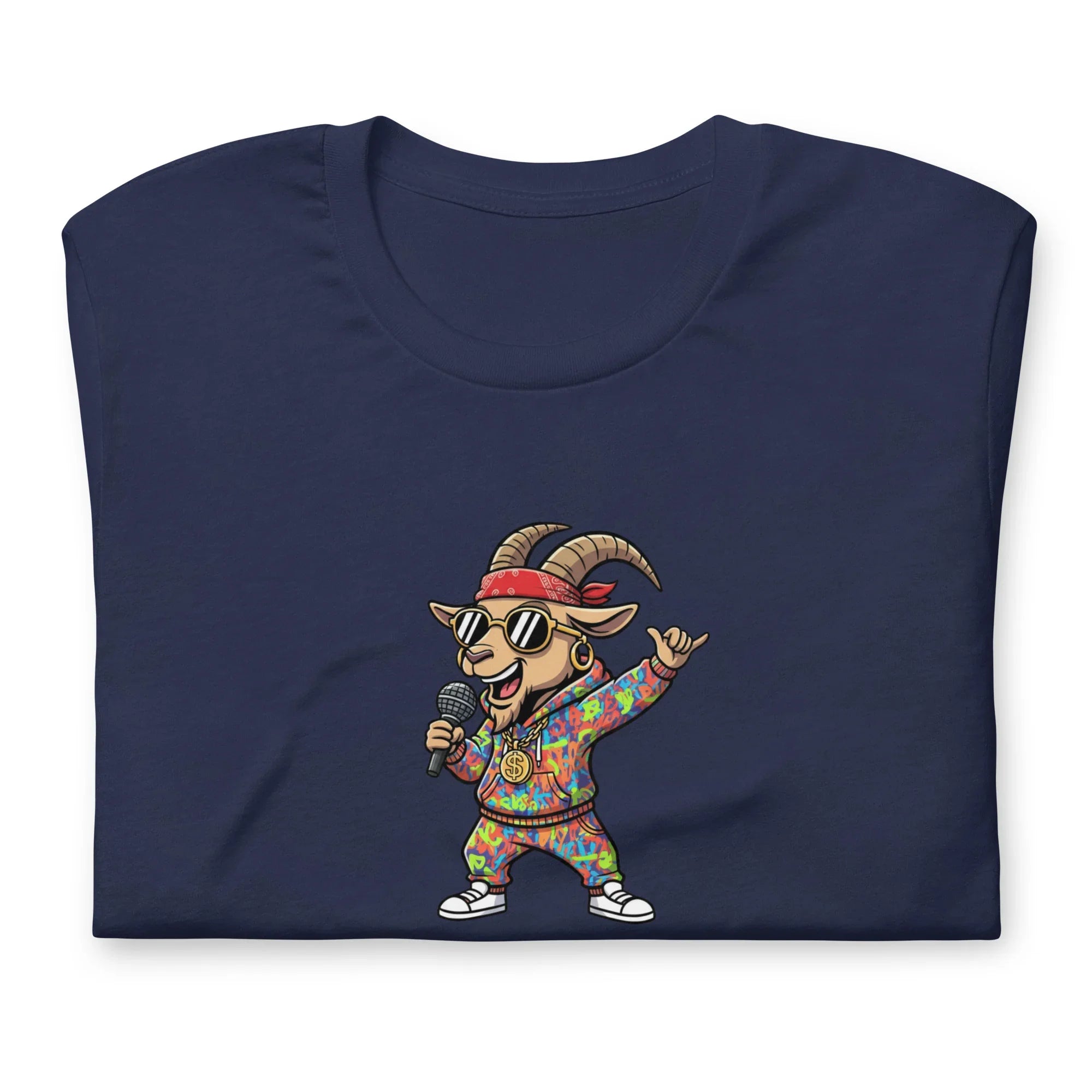 Navy folded t-shirt with a cartoon goat wearing sunglasses and a bandana, and the word 'GOATED' on a black background.