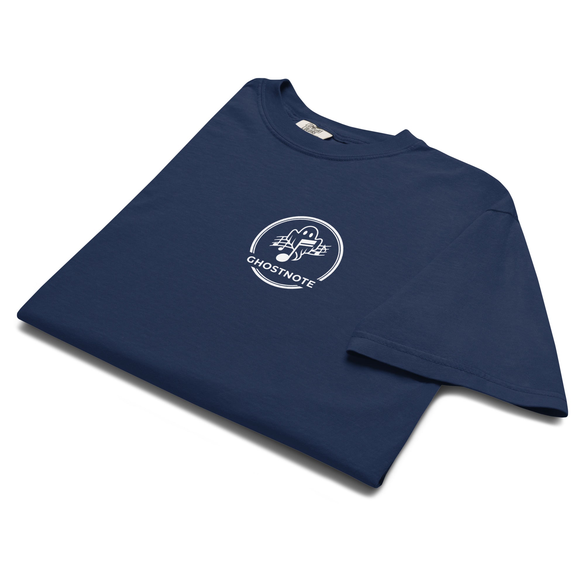 Navy folded t-shirt with a white Ghostnote streetwear logo on a navy background