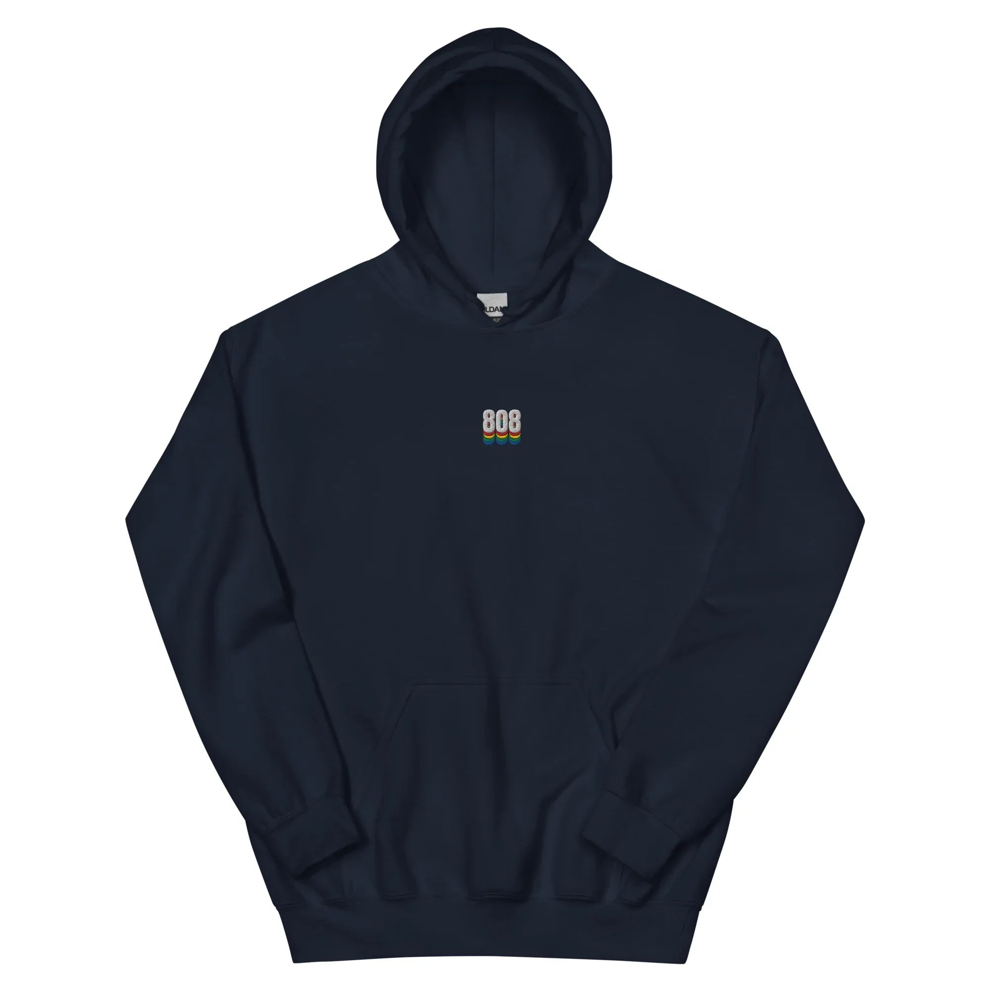 Navy hoodie for music producers and rappers with a logo on the chest that says "808"