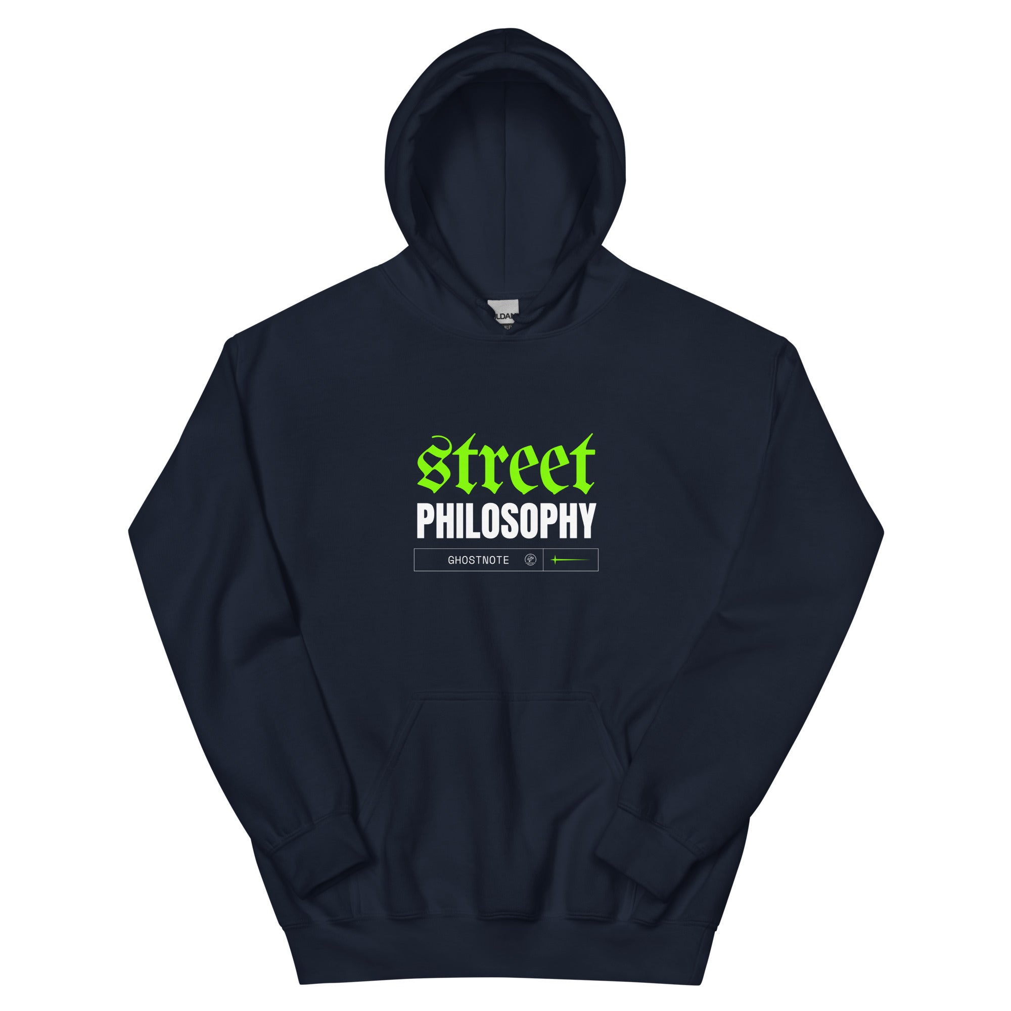 Navy hoodie with 'Street Philosophy' text in green and white.