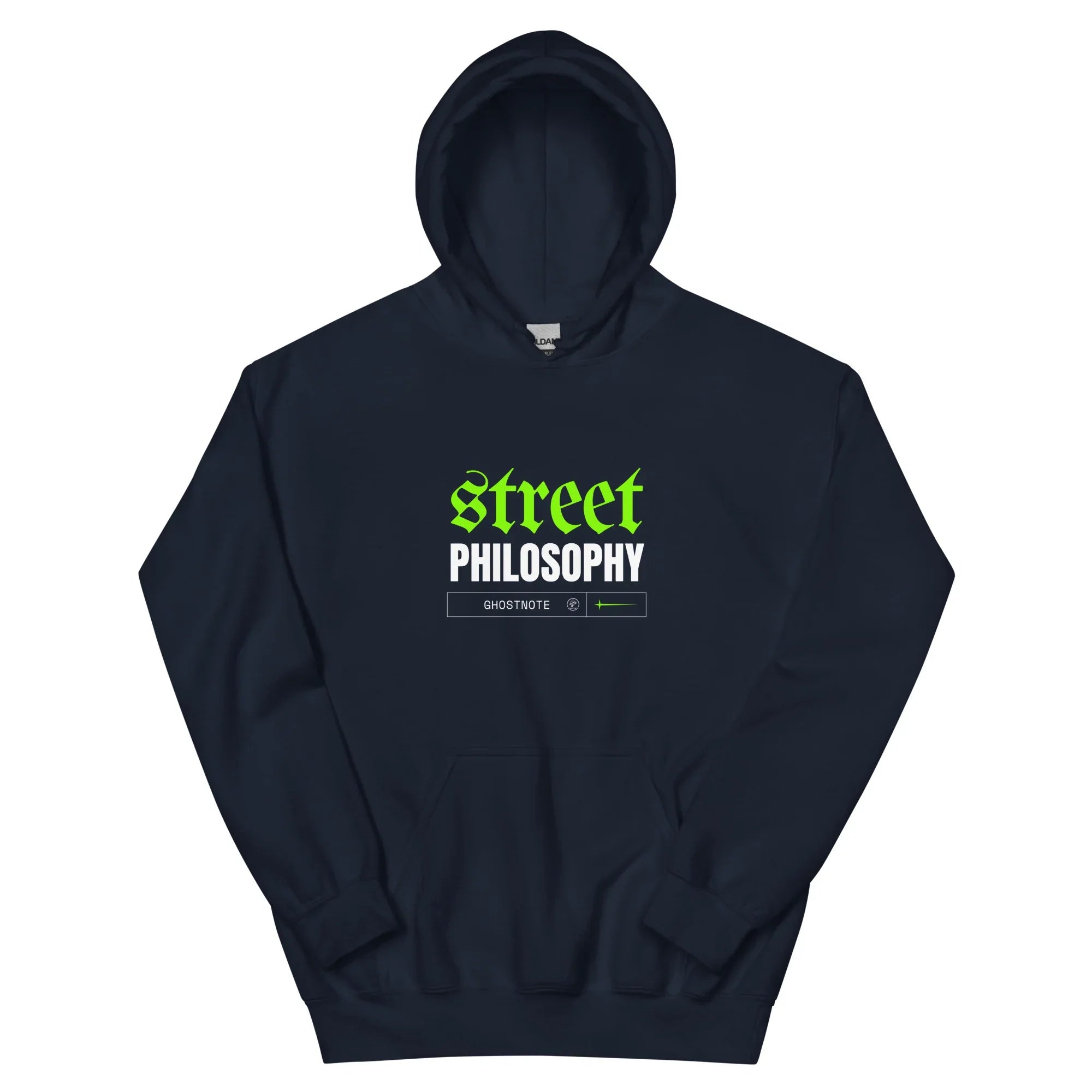 Navy hoodie with 'Street Philosophy' text in green and white.