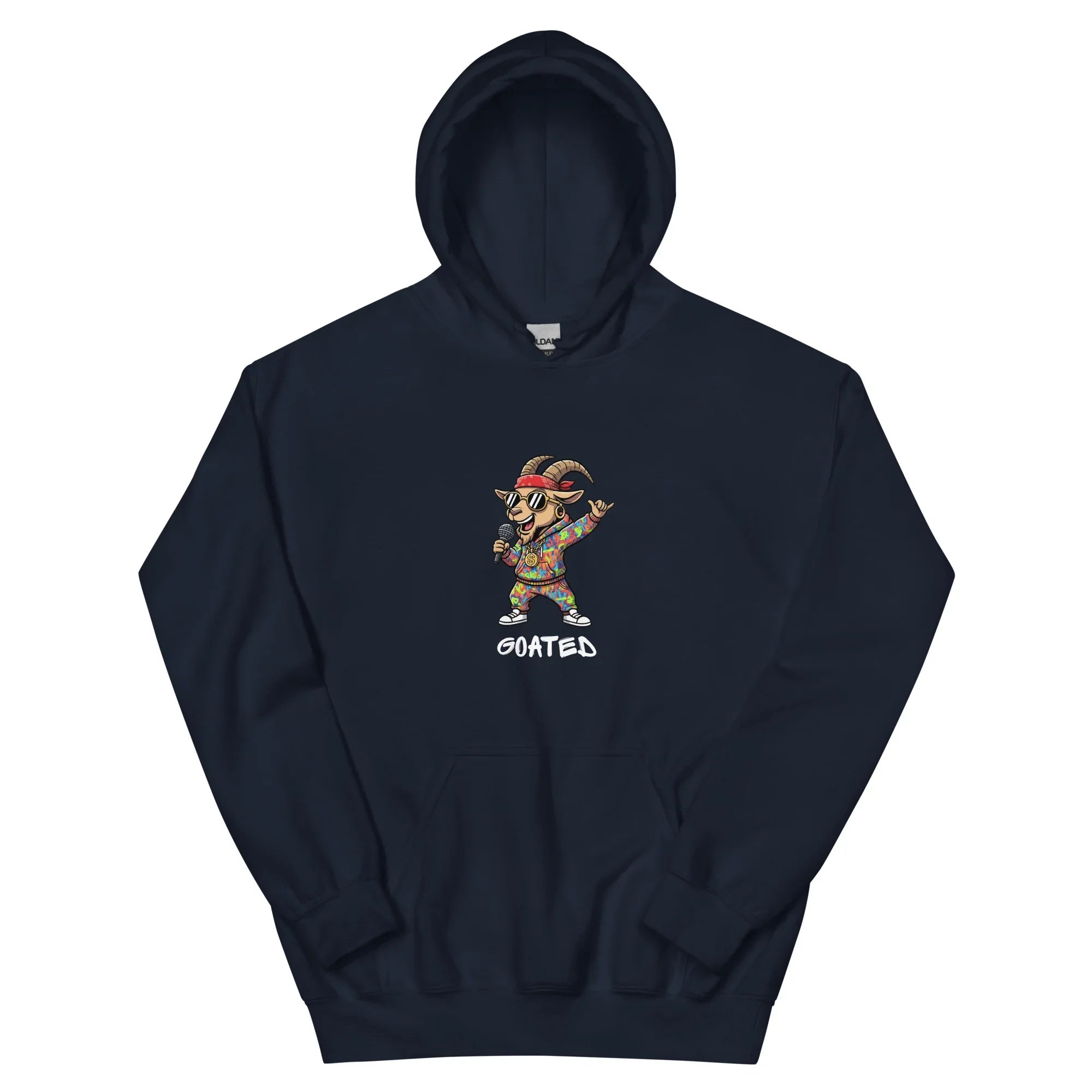 Navy hoodie with a colorful graphic of a goat and the word 'GOATED'. Hoodie for rappers