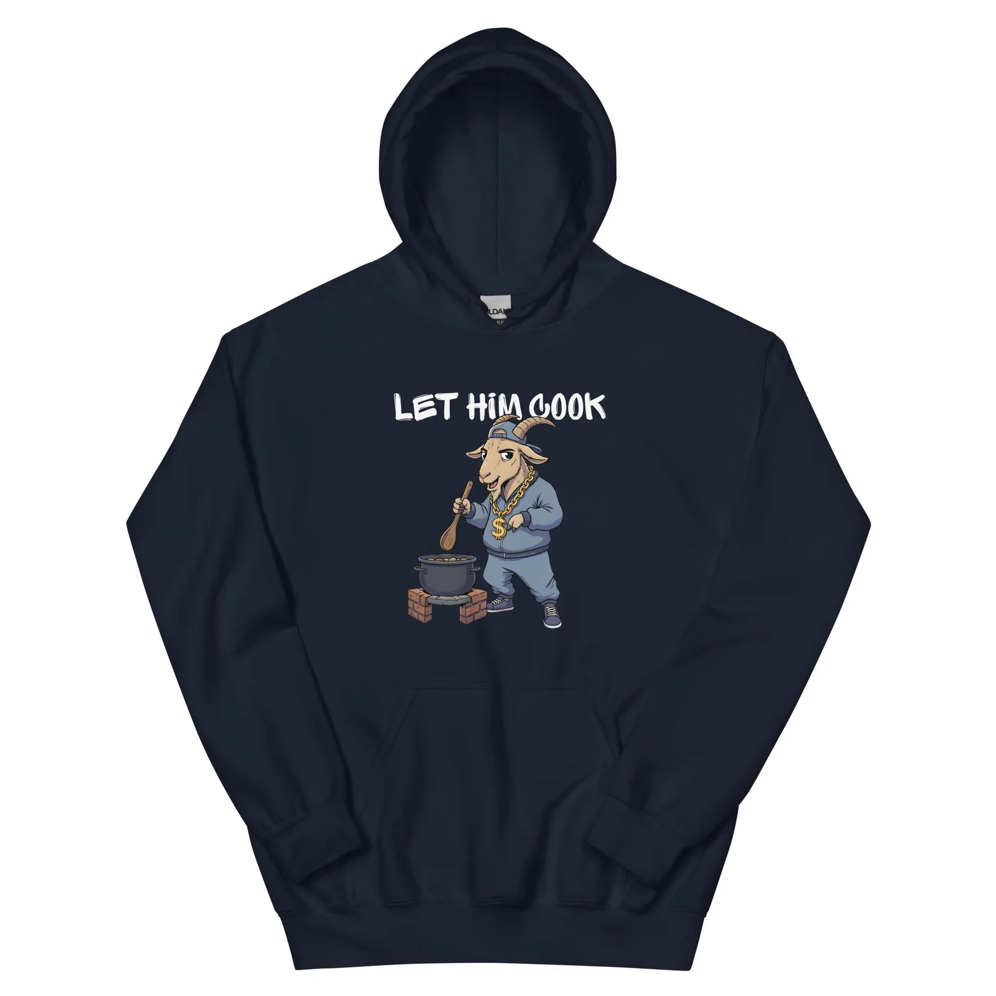 Navy hoodie with a graphic of a goat cooking and text 'LET HIM COOK' on a navy background