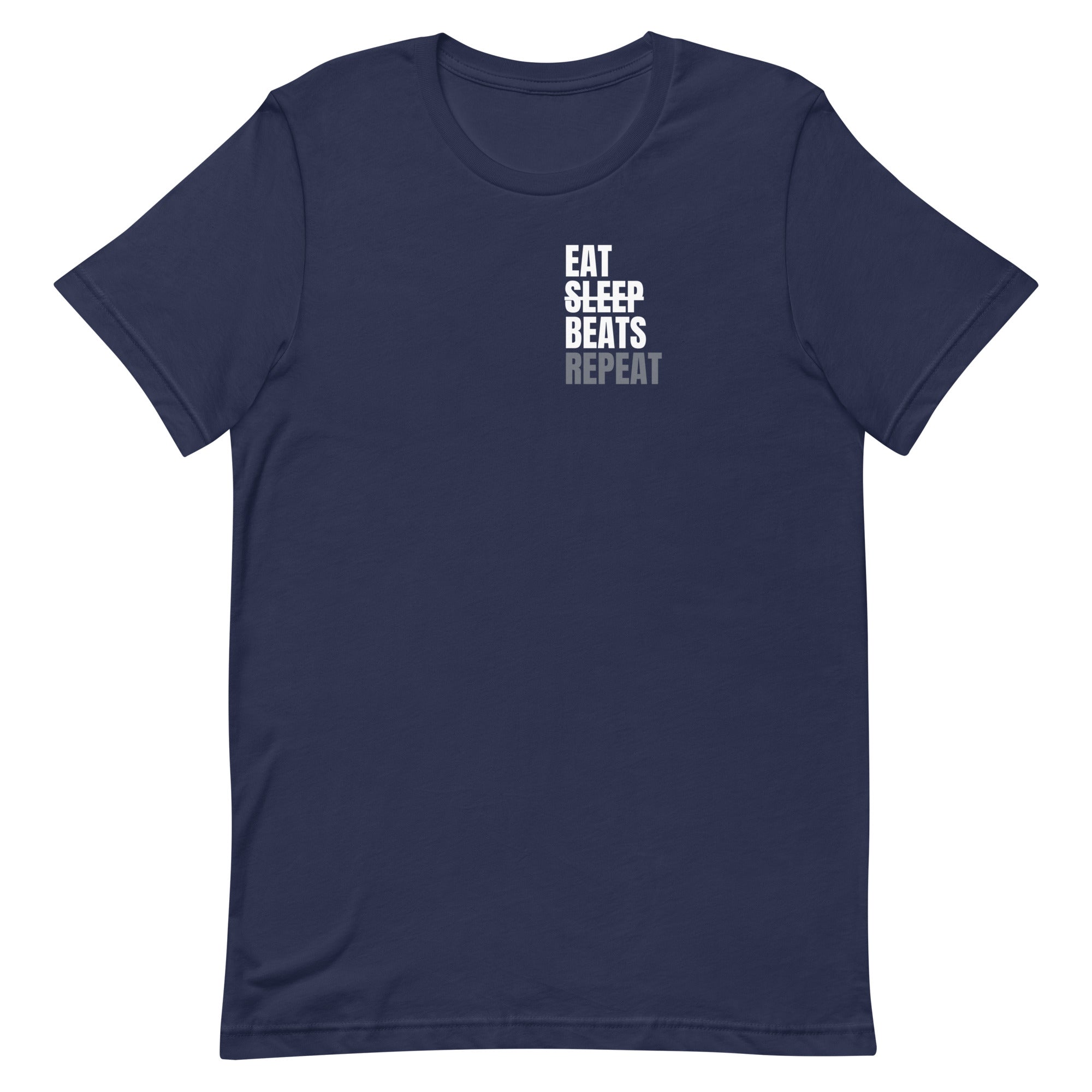 Navy music producer t-shirt with 'Eat Sleep Beats Repeat' text on a navy background.