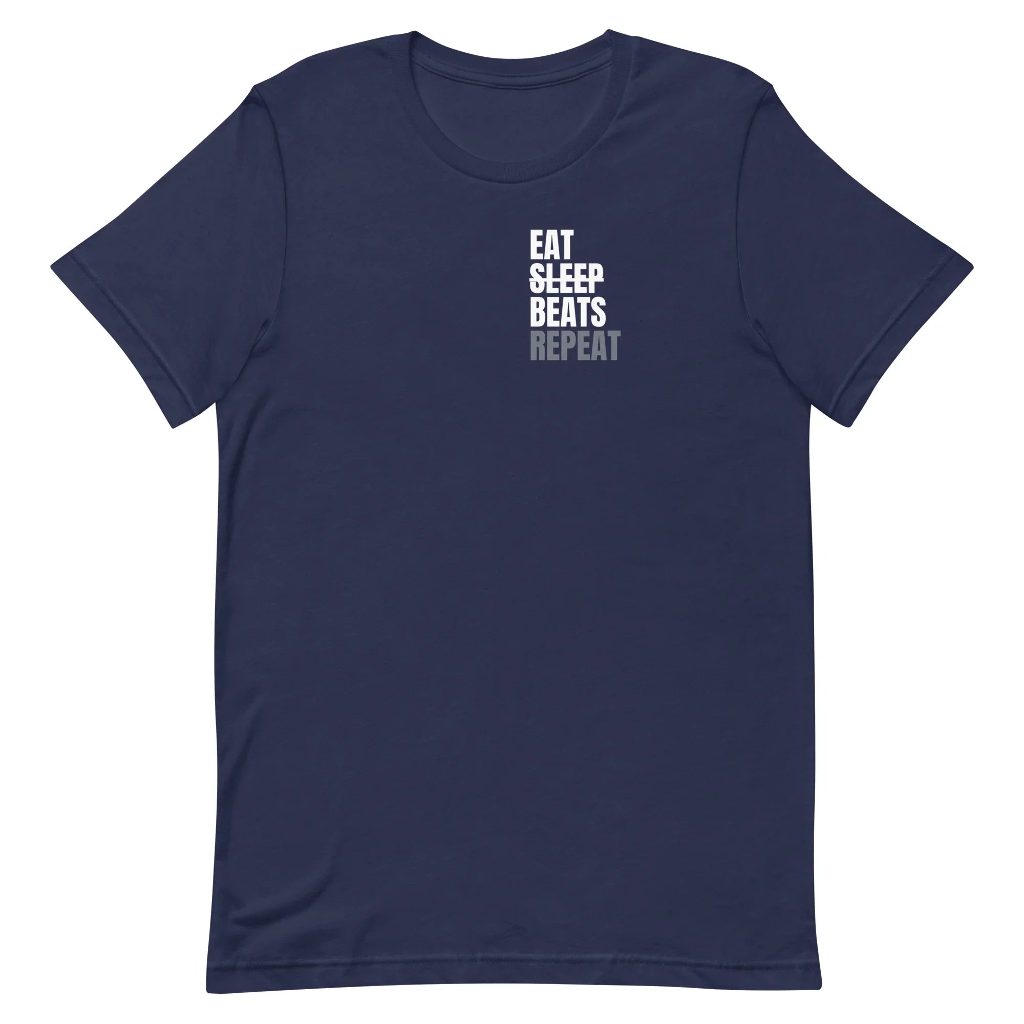 Navy music producer t-shirt with 'Eat Sleep Beats Repeat' text on a navy background.
