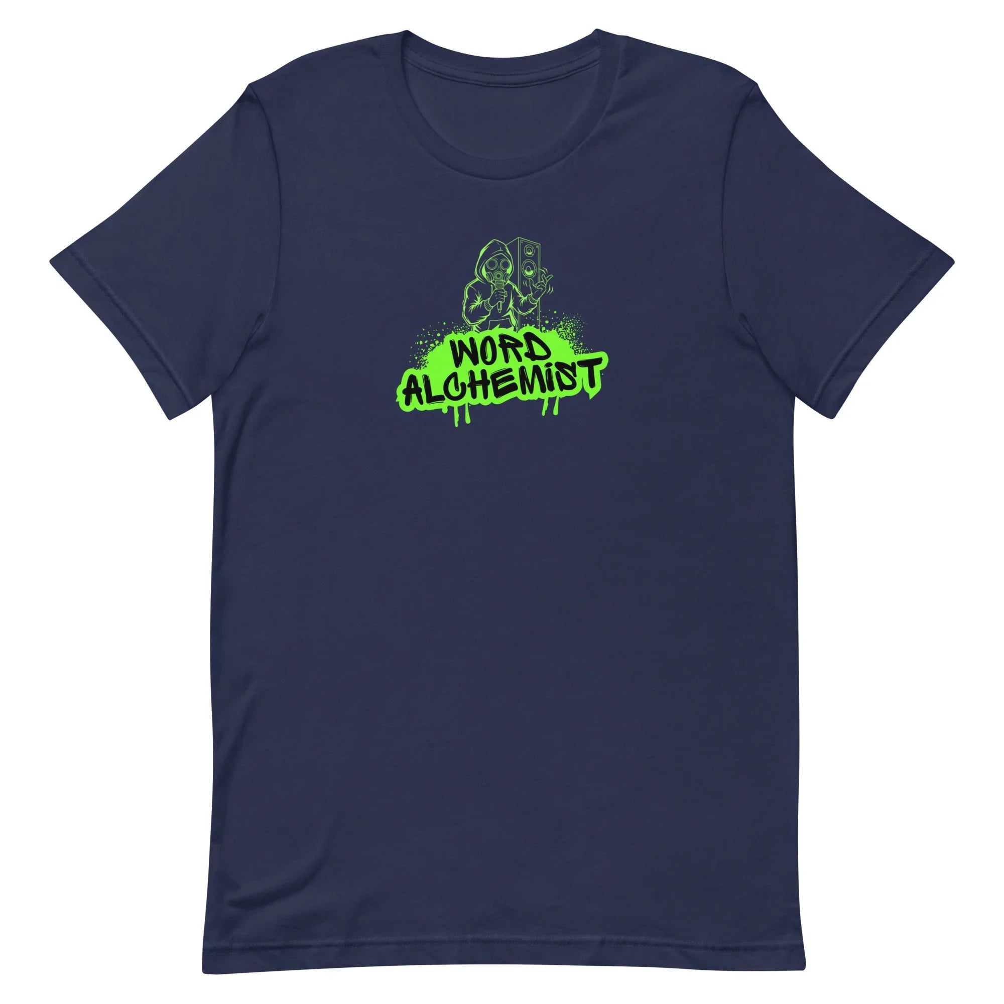 Navy t-shirt with green 'Word Alchemist' logo on a navy background