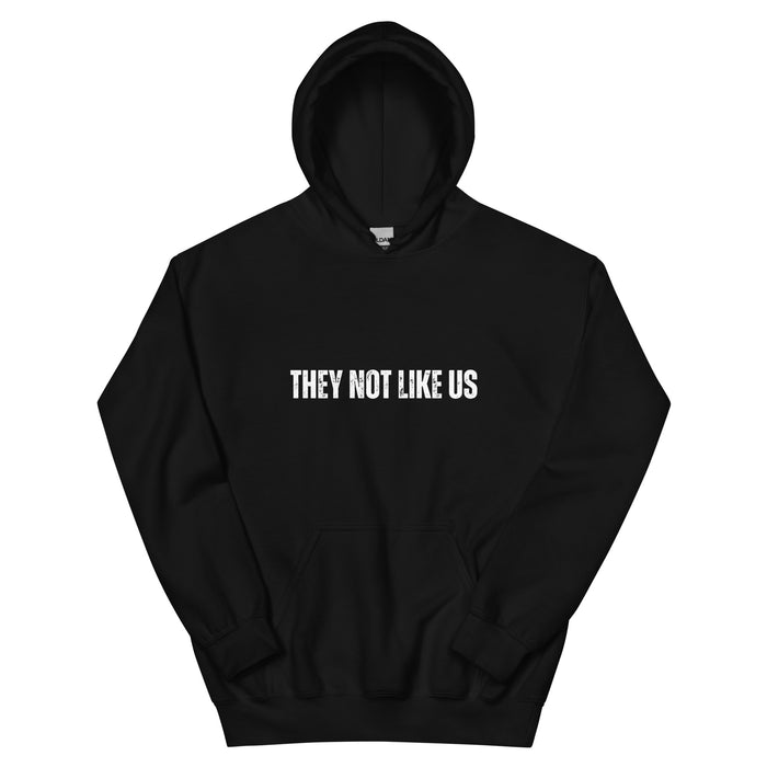 Black rapper hoodie with bold white 'THEY NOT LIKE US' text on the chest — Ghostnote hip-hop streetwear