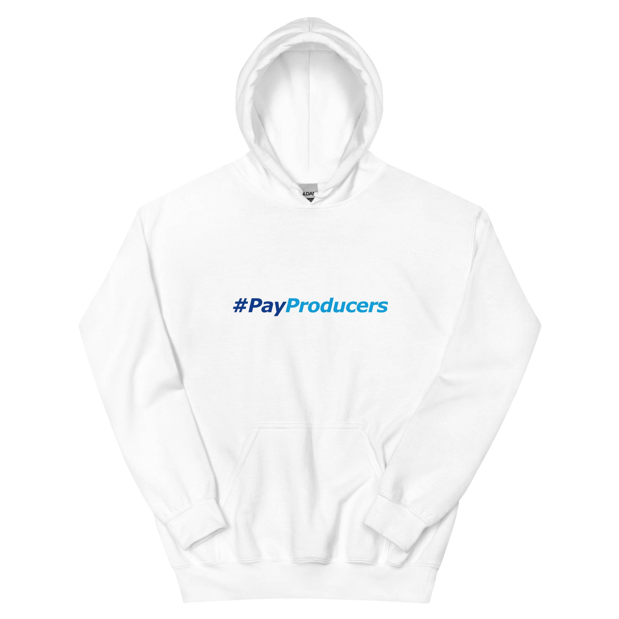 White hoodie for music producers with '#PayProducers' text on a white background